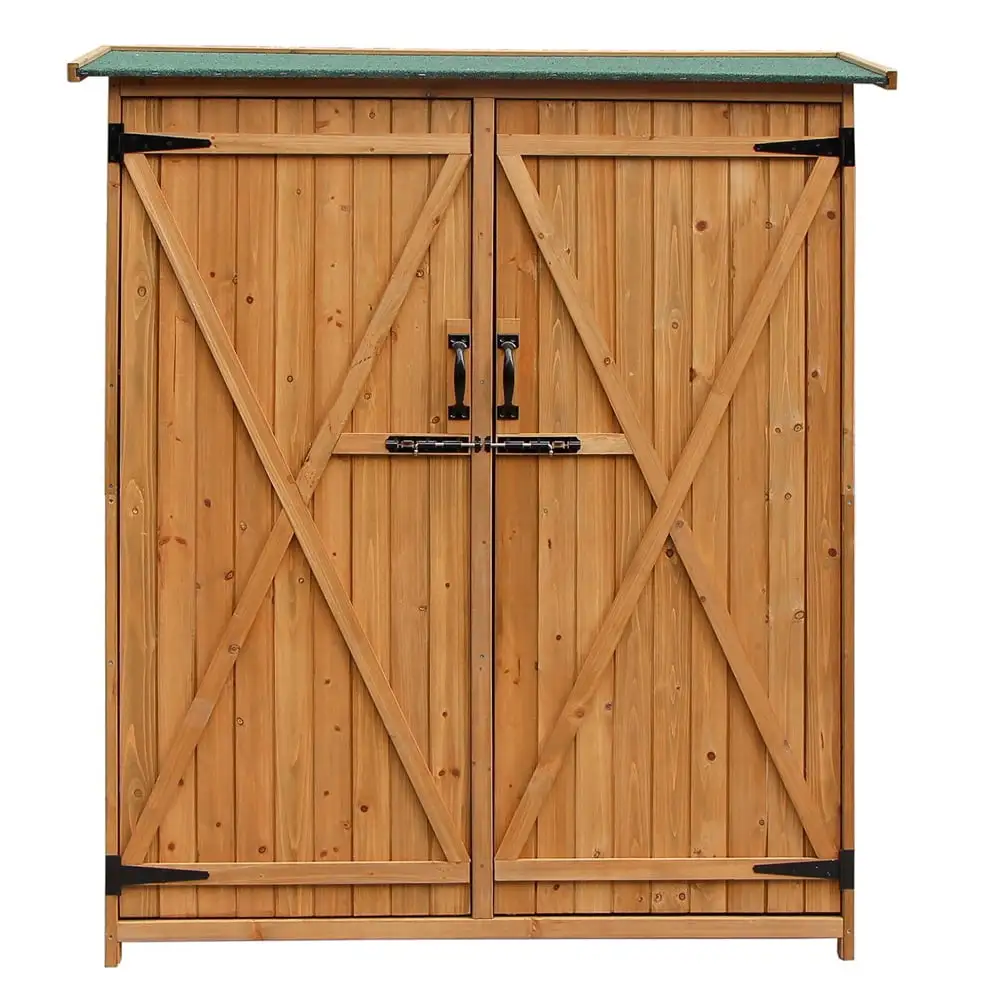 Tcbosik 64in Wood Garden Storage Shed with Lock and Handle. Outdoor Storage Cabinet with Double Doors for Patio Yard Garden. Wood Color