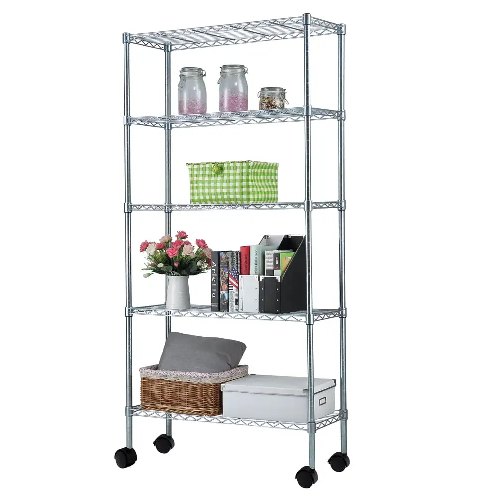 Tcbosik Iron Wire Rack Shelving with Wheels. 5 Tiers Display Shelf for Laundry Bathroom Kitchen Office Pantry Room.Silver