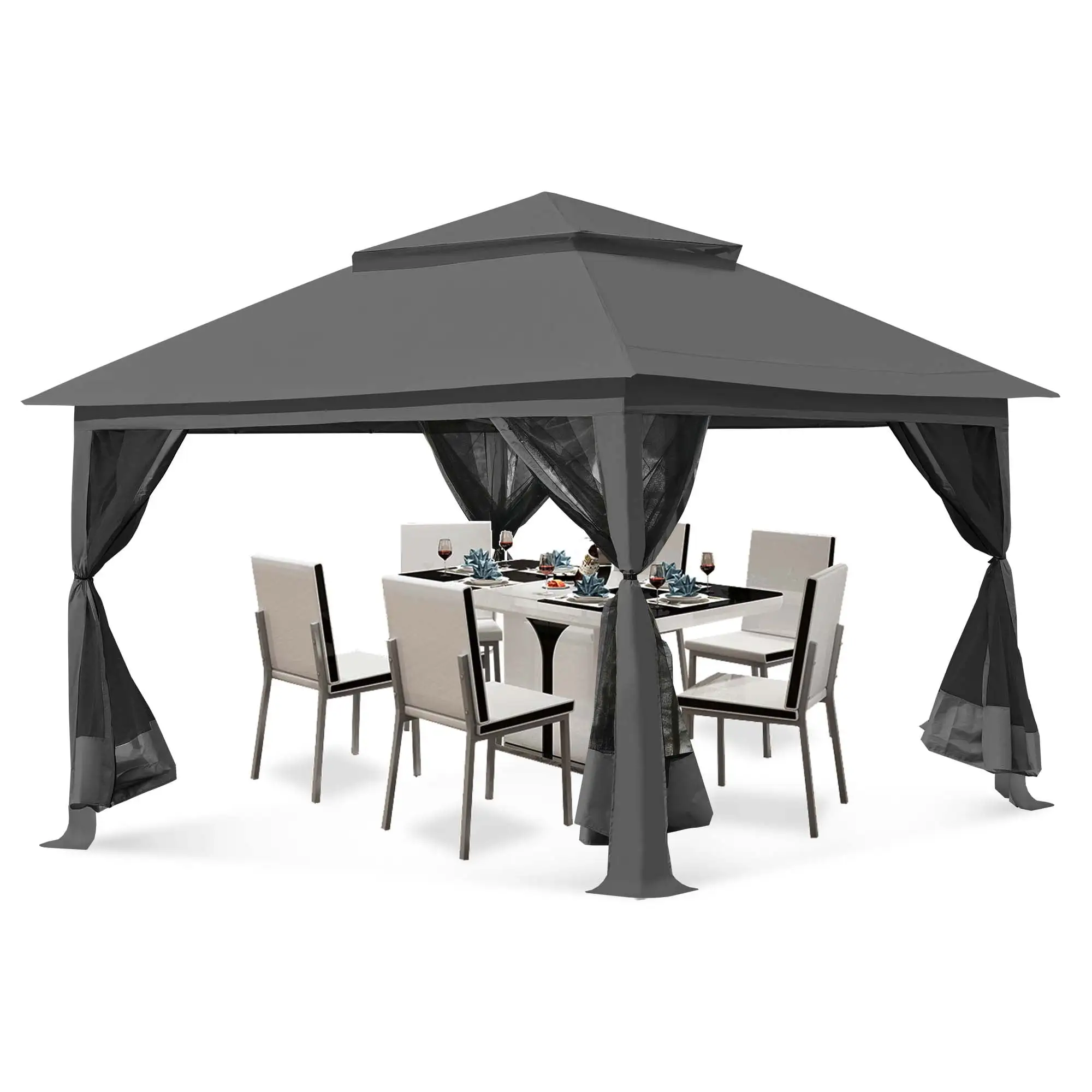 Texinpress 13 x13 ft Gazebo Tent Outdoor Pop up Gazebo Canopy Shelter with Mosquito Netting. Gray