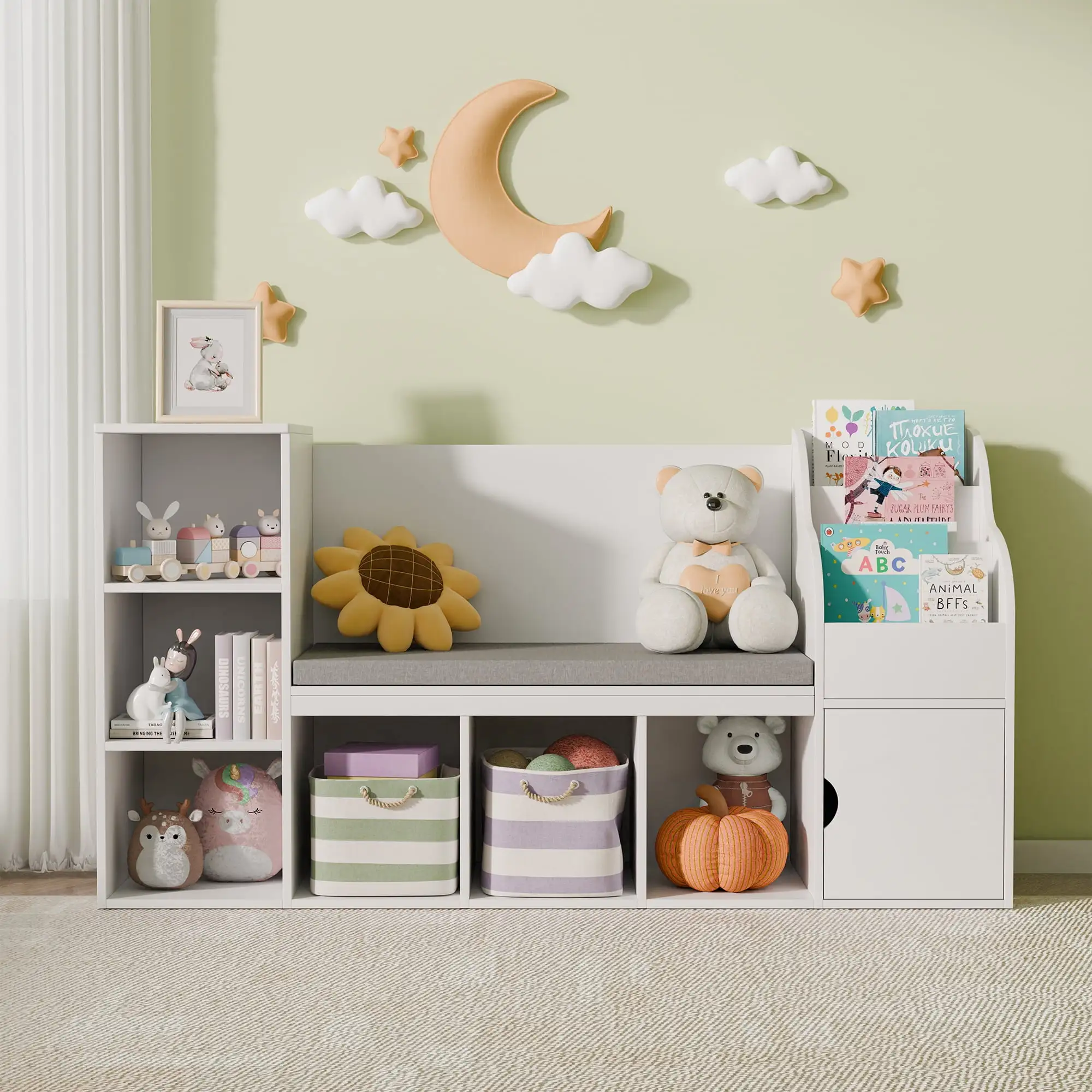 Tolead Kids Bookshelf with Reading Nook & Seat Cushion. 7 Storage Cubbies. Bedroom. Playroom. Nursery. White