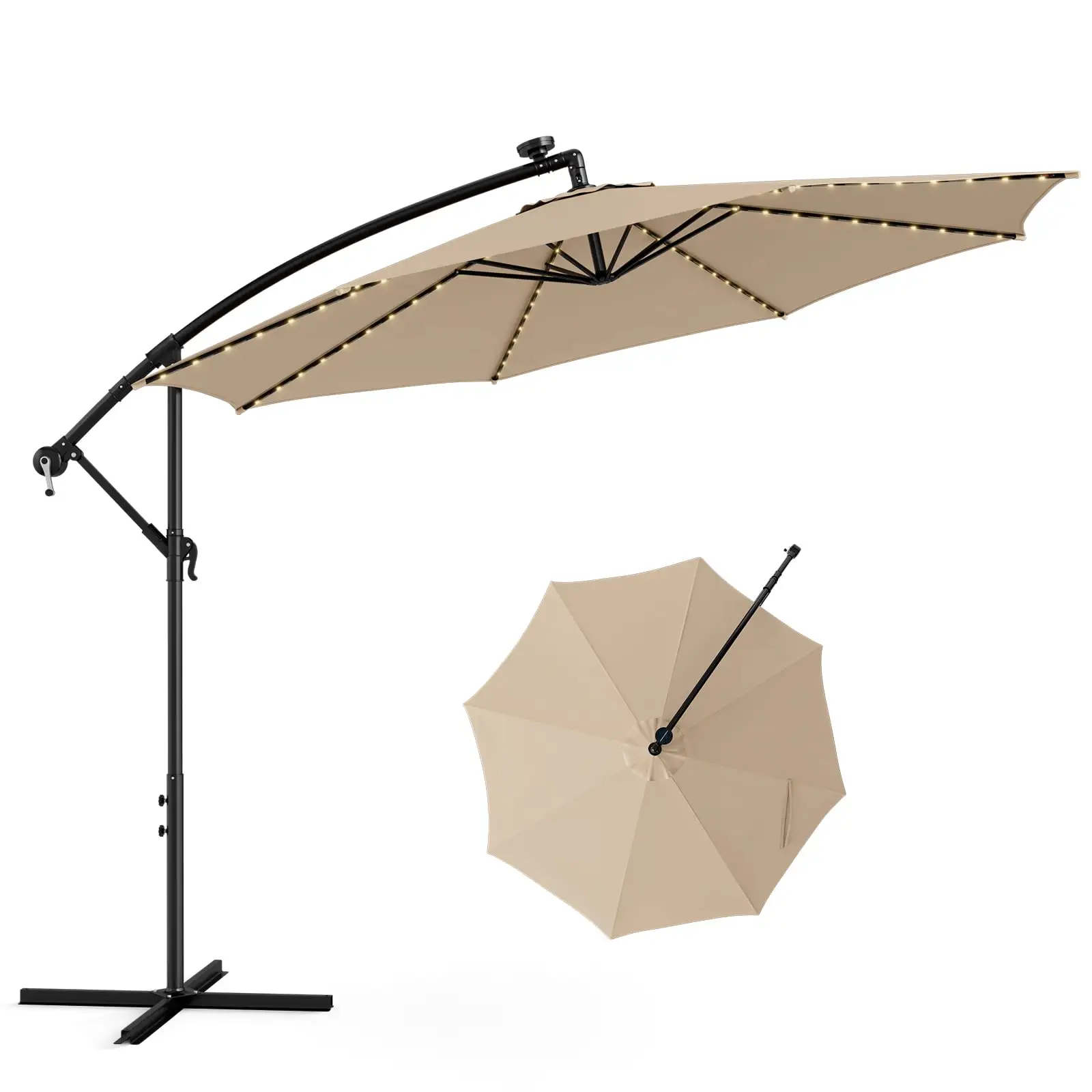 Topbuy 10FT Solar Offset Umbrella Tilted Cantilever Umbrella with 112 LED Lights Lighted Patio Sun Shade with Crank Handle Beige