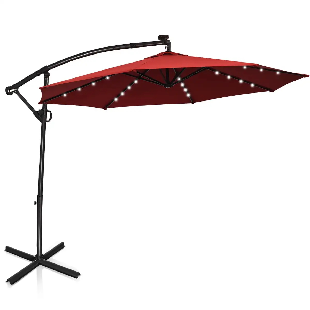 Topbuy Aluminum Patio Hanging Umbrella Solar Powered Offset Umbrella With Cross Base & Pole Burgundy