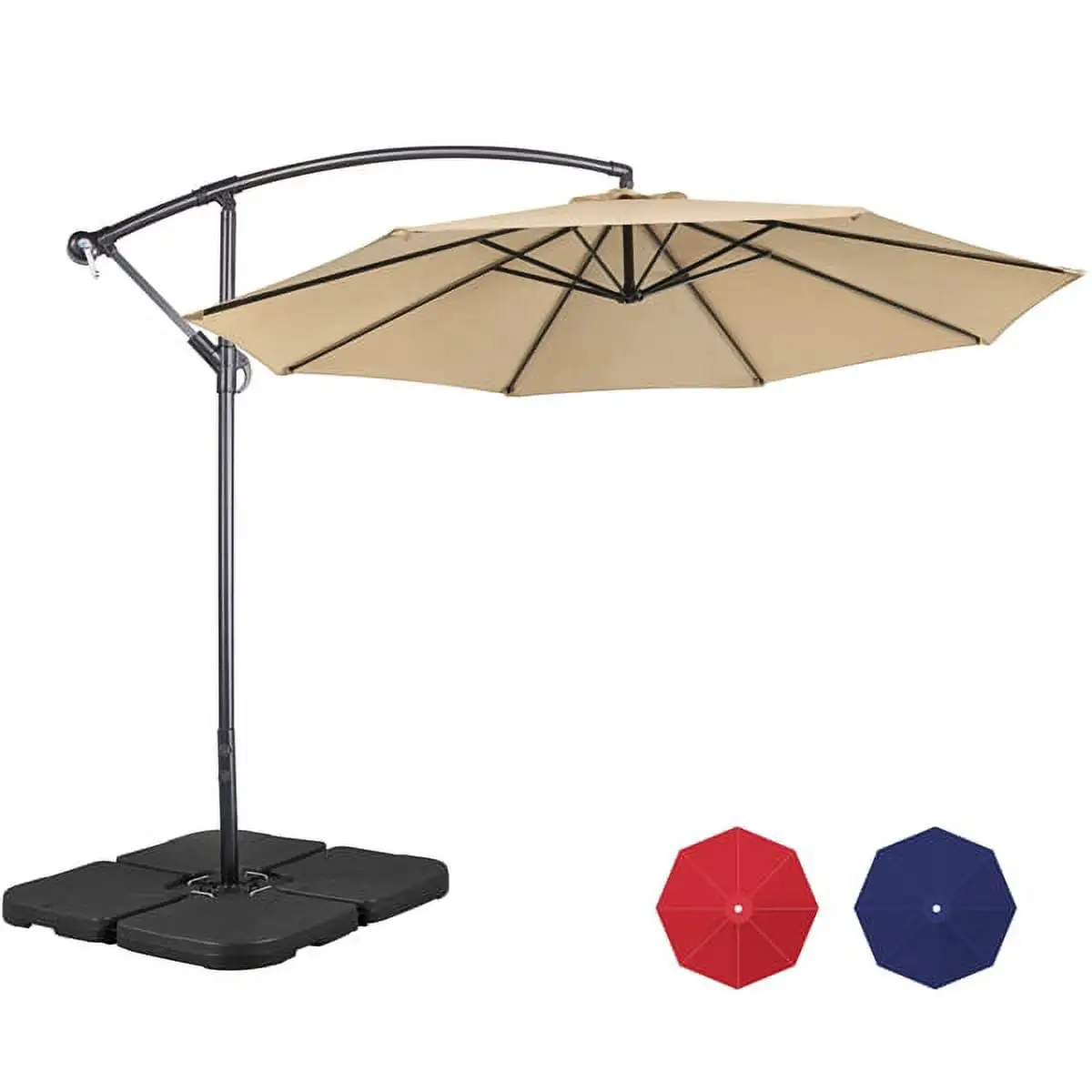 Topeakmart 10ft Patio Offset Umbrella with 4pcs Fillable Patio Umbrella Base Stand. Tan