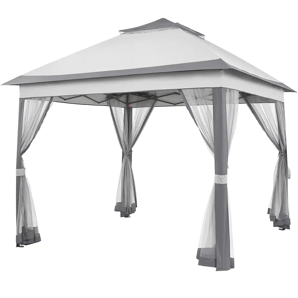 Topeakmart 11 FT Pop-Up Gazebo Tent with 4 Mesh Sidewalls. Light Gray/Dark Gray