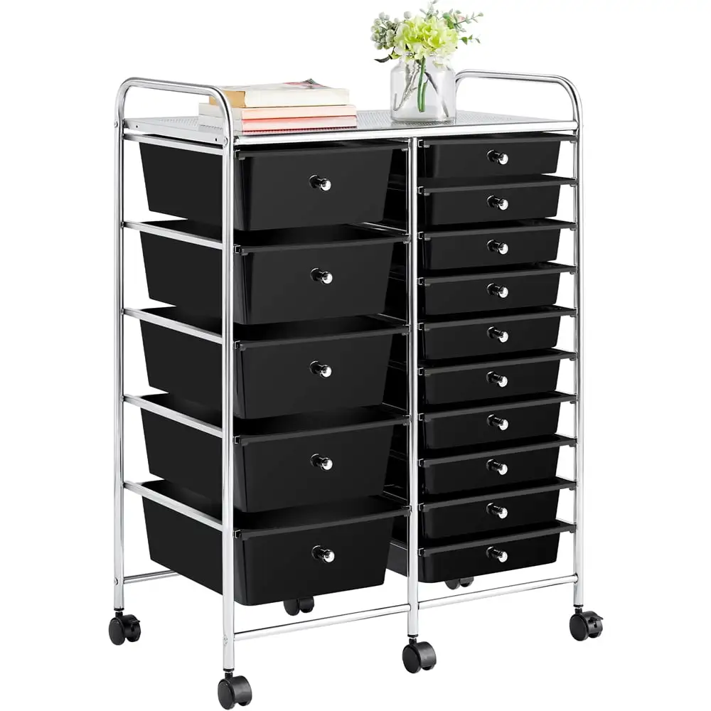 Topeakmart 15 Drawers Rolling Storage Cart Bin Organizer Metal Frame Plastic Drawers. Black