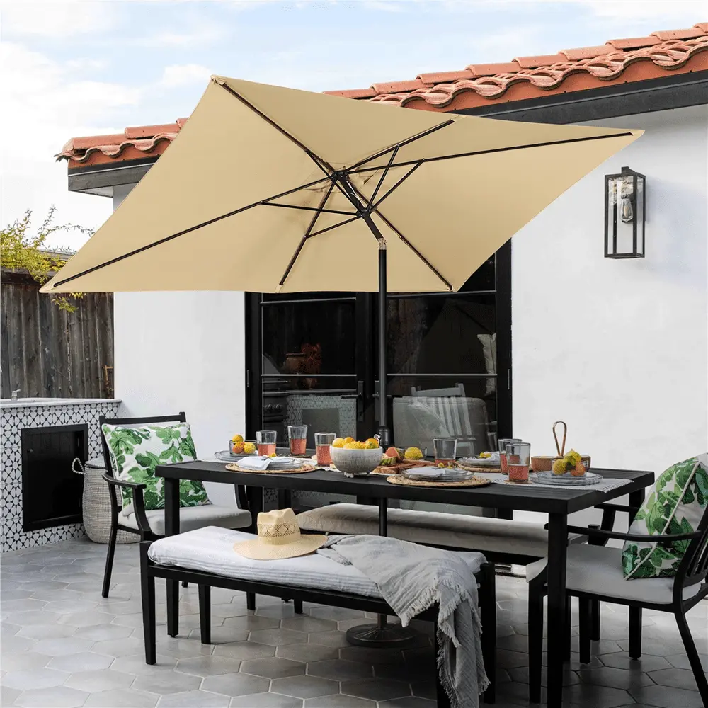 Topeakmart 6.5x10ft Rectangular Outdoor Patio Umbrella with Push Button Tilt and Crank. Tan