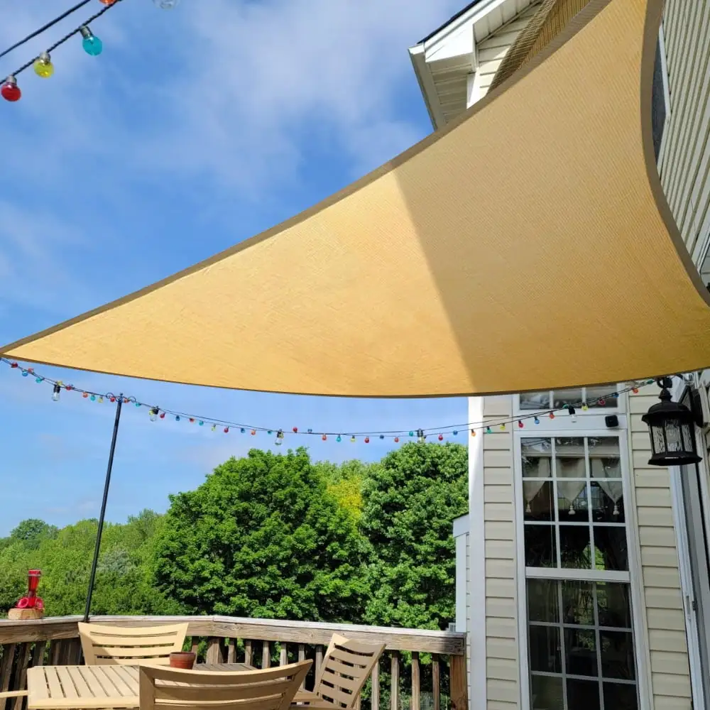 Triangle Sun Shade Sails. Beige. 12' x 12' x 12'. Heavy-duty HDPE Material. Upgraded Rustless D-Rings. UPF50+. 95% UV Blockage. Outdoor Fabric Screen Awning for Patio. Garden. Backyard