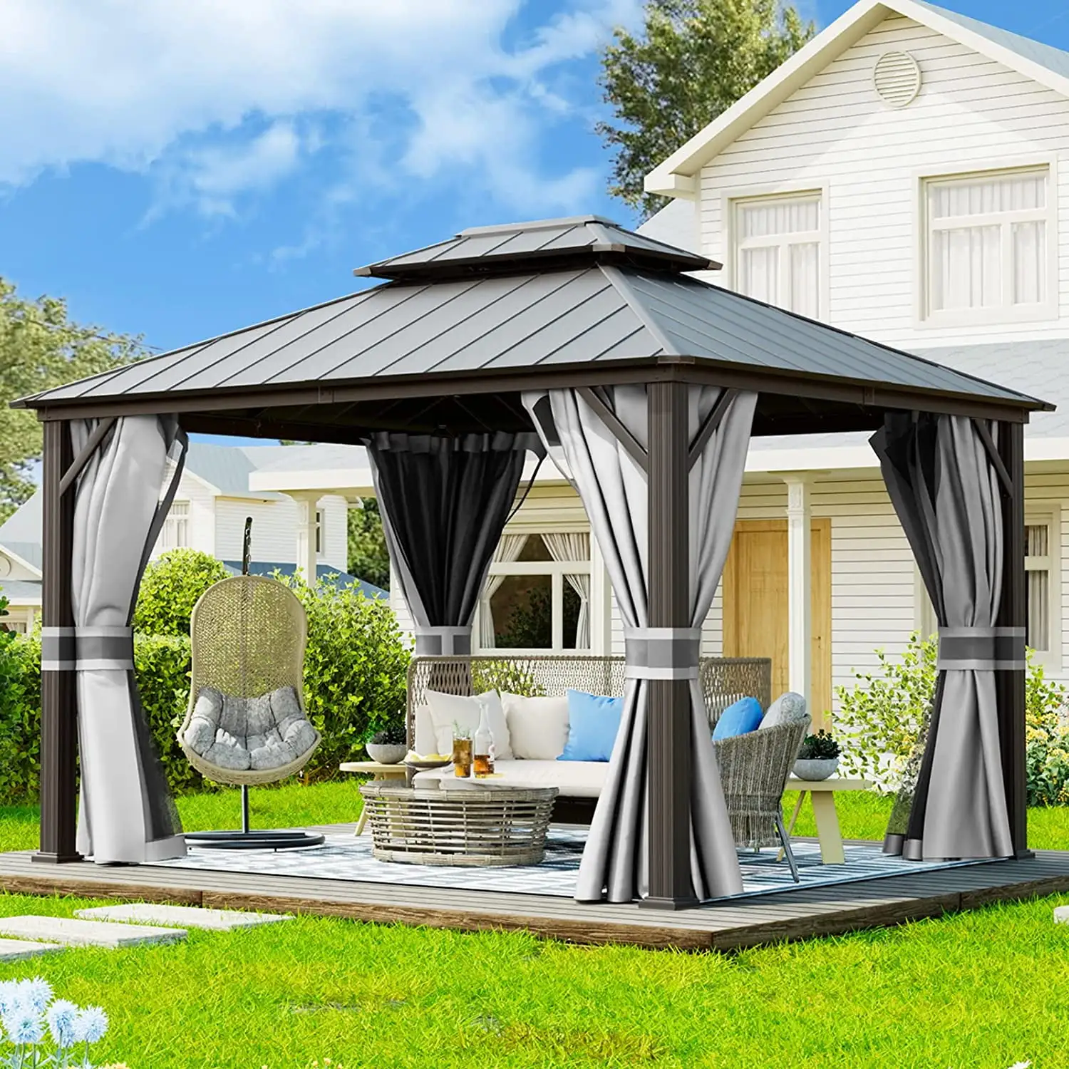 UDPATIO 12' x 10' Hardtop Gazebo. Galvanized Steel Double Roof Permanent Aluminum Gazebo .Grey