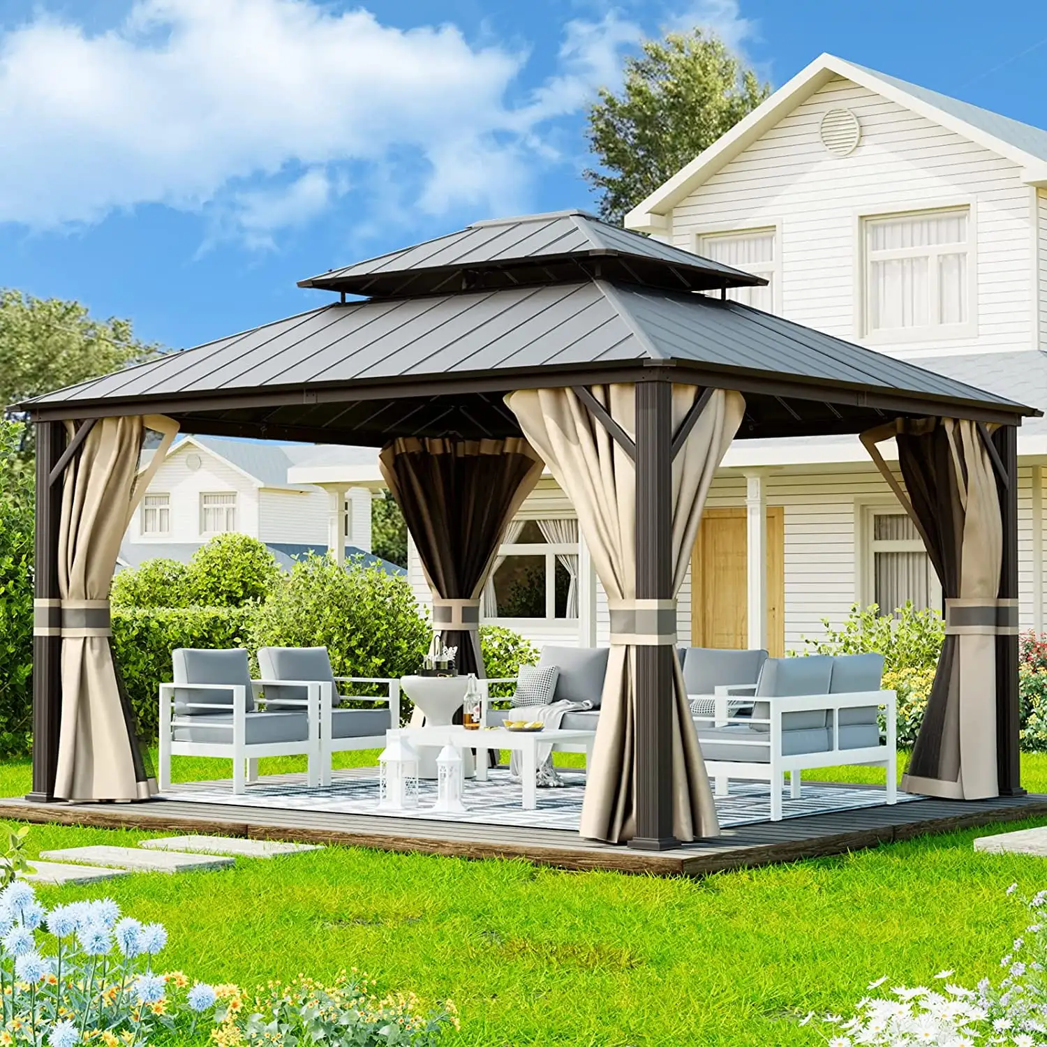 UDPATIO 14W x 12 Hardtop Gazebo. Galvanized Steel Double Roof Permanent Aluminum Gazebo .Khaki