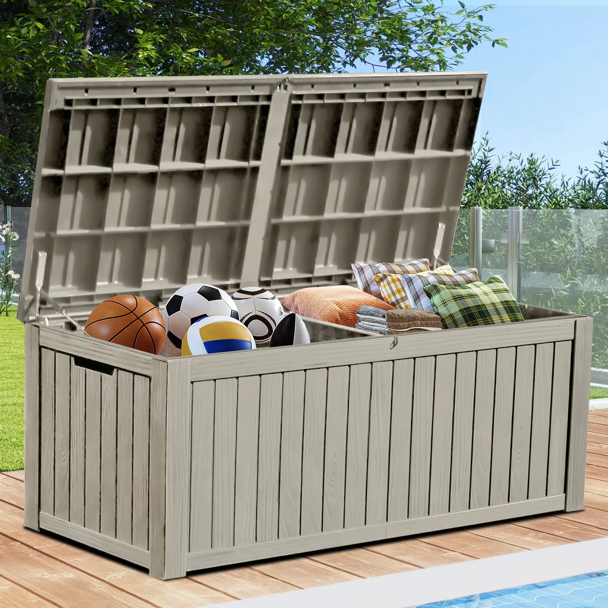 Uforic 150 Gallon Large Resin Deck Box.Outdoor Garden Waterproof Storage Box with Built-in Divider. Waterproof and Lockable.Brown