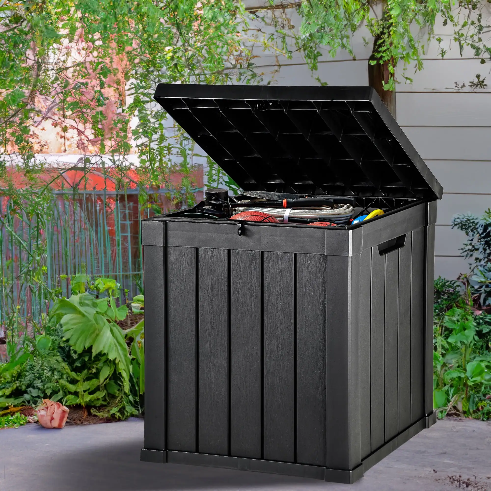 Uforic 51 Gallon Resin Deck Box .Outdoor Storage Box with Side Handles for Patio Cushions. Garden Tools. Lockable Lid . Black