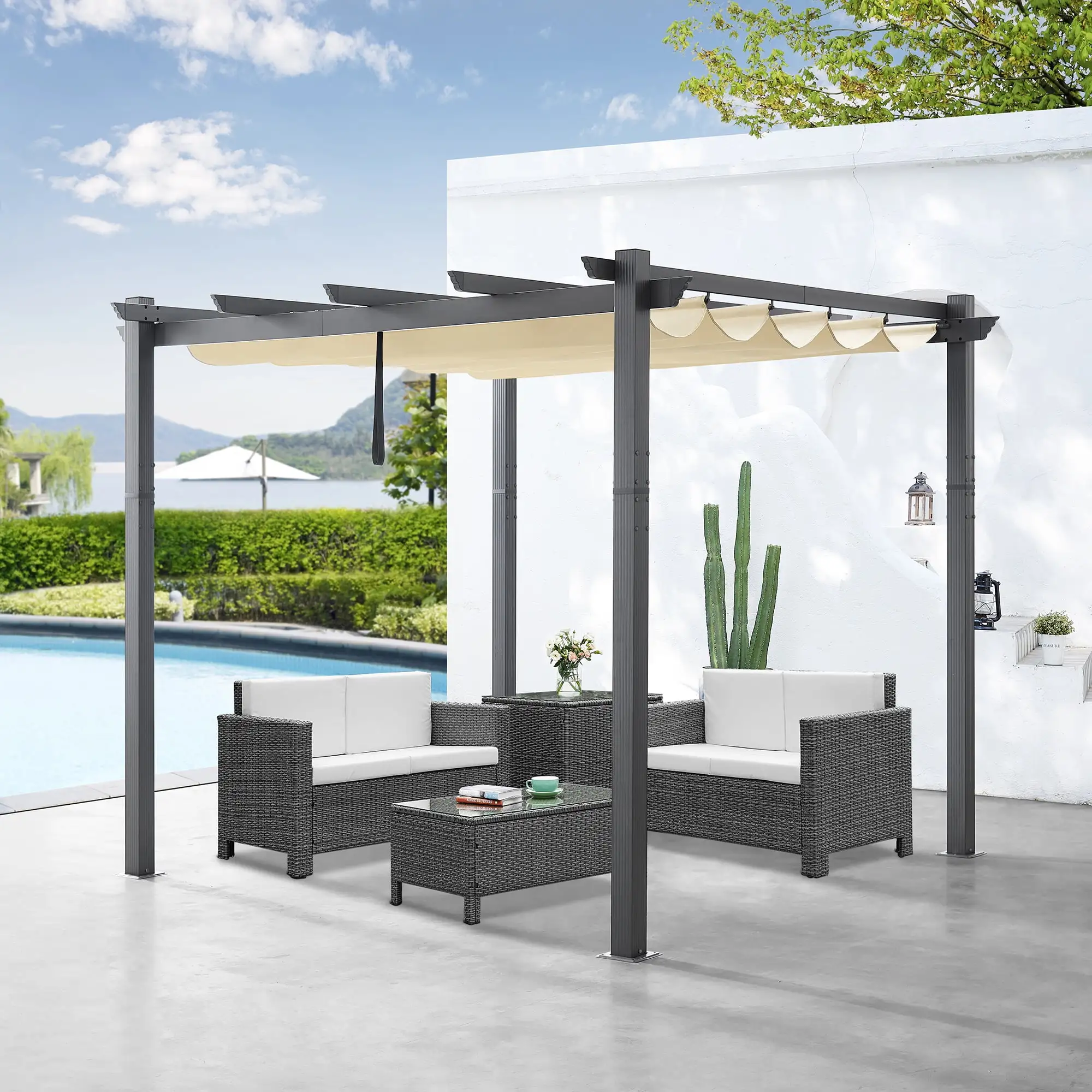 Ulax Furnitiure 10Ft x 10Ft Patio Aluminum Pergola with UV-Proof Canopy Sand