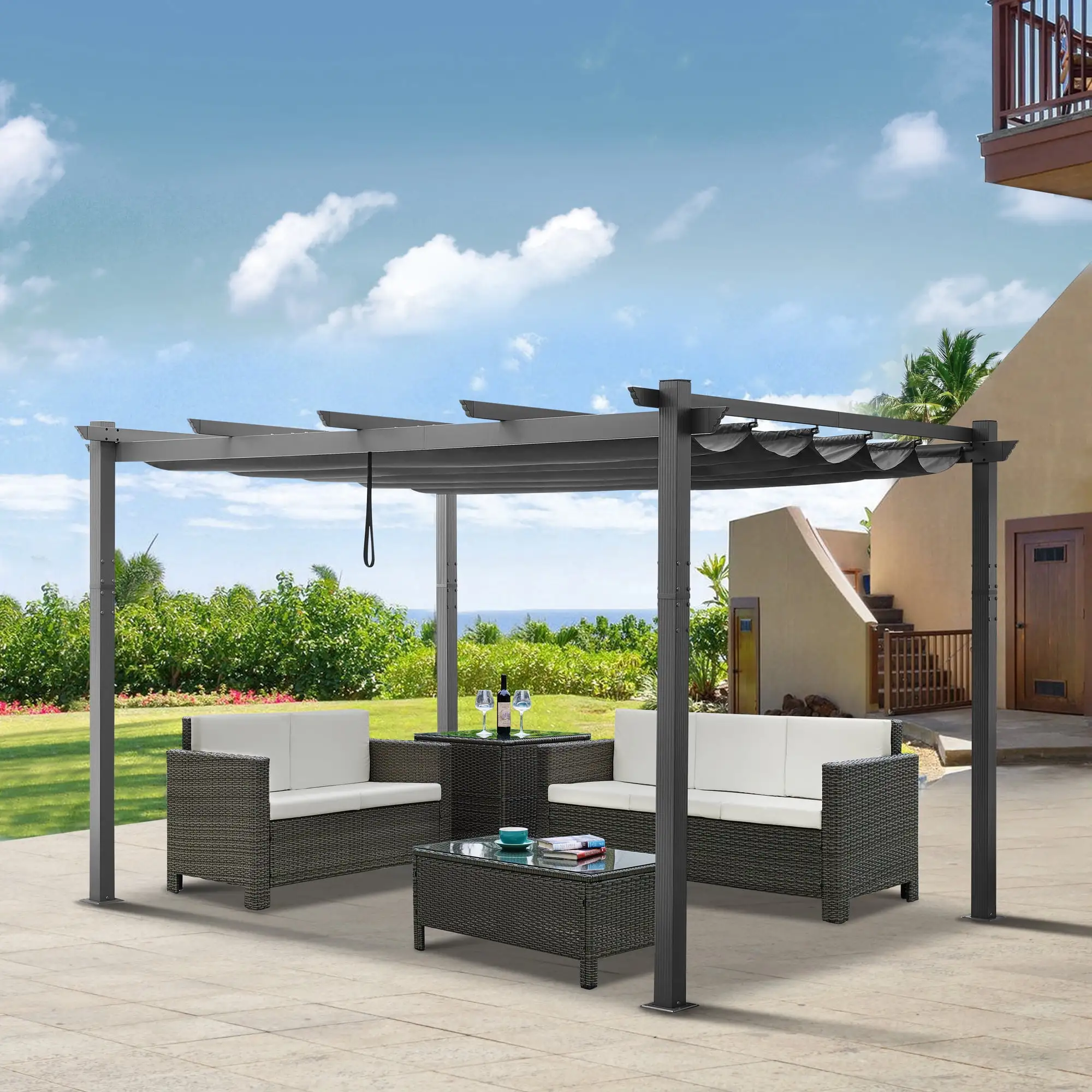 Ulax Furnitiure 10Ft x 13Ft Patio Aluminum Retractable Pergola with UV-Proof Canopy. Gray