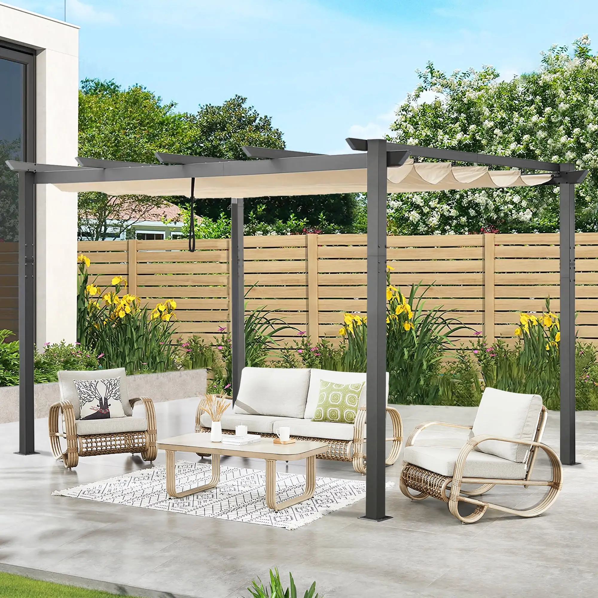 Ulax Furniture 10'x 13' Outdoor Aluminum Pergola with Retractable Canopy. Beige