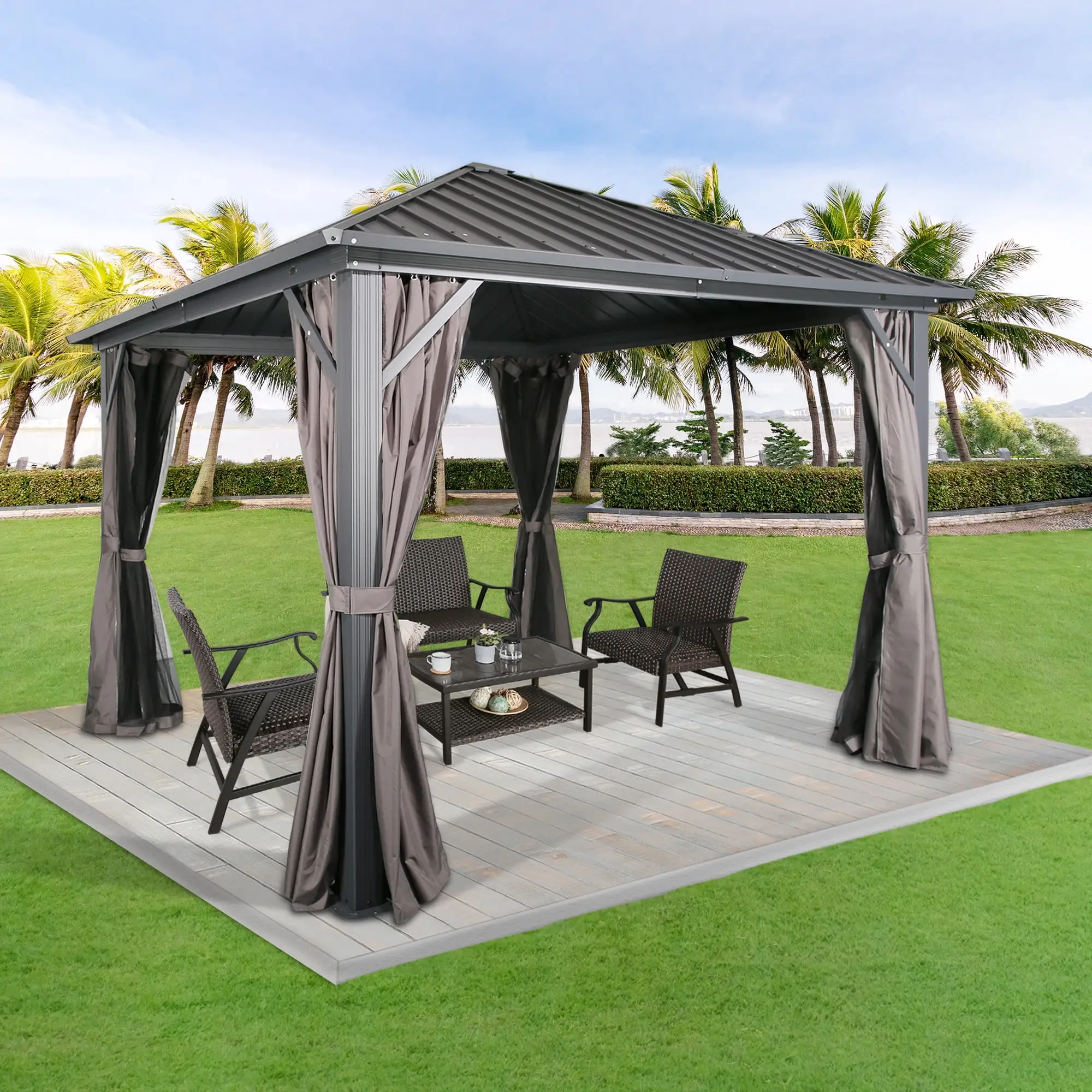 Ulax Furniture 10Ft x 10Ft Patio Hardtop Gazebo Outdoor Aluminum Patio Gazebo Roof Canopy with Netting and Curtain for Garden. Patio. Lawns