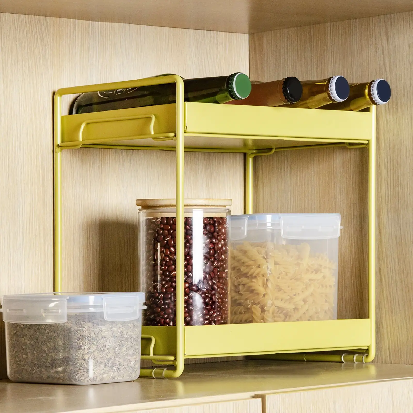 Under Sink Organizer. 2 Tier. Bathroom Standing Rack. Bath Collection Baskets with Non-slip. Multi-purpose Under Cabinet Storage Shelf. Yellow