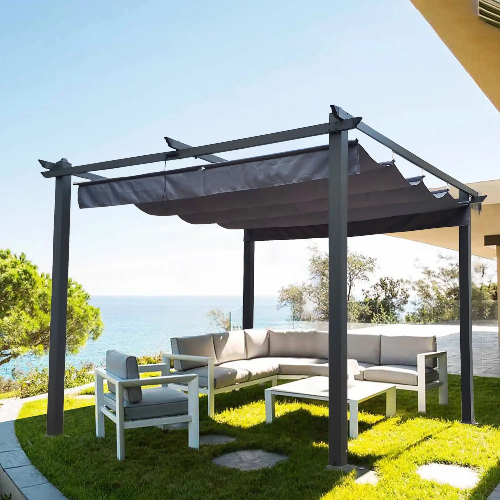 Unique Choice 10 x 10 Ft Outdoor Patio Retractable Aluminum Pergola. Gray Color