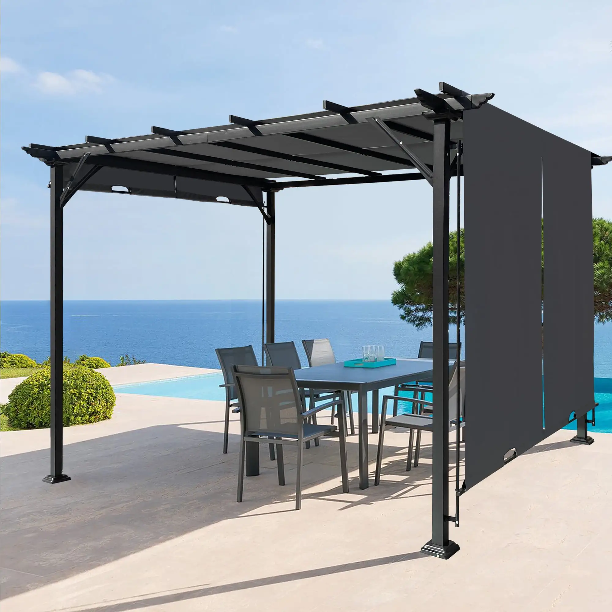 Unique Choice 12 x 9.5 FT Outdoor Pergola with Retractable Shade Canopy. Steel Frame Patio Sun Shade Shelter. 2 Pieces Shade Curtain. Gray