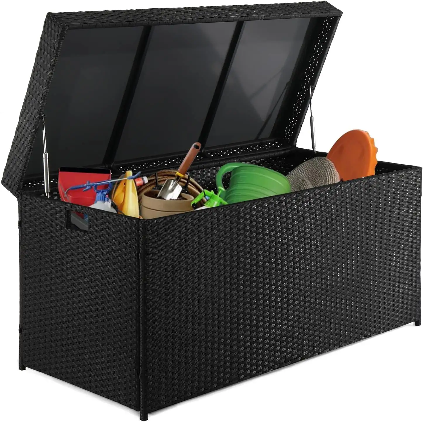 Upgraded Version 132 Gallon Outdoor Storage Box. Patio Rattan Deck Box. Wicker Storage Bench for Indoor. Outdoor. Pool. Balcony. Yard. Garden. Black