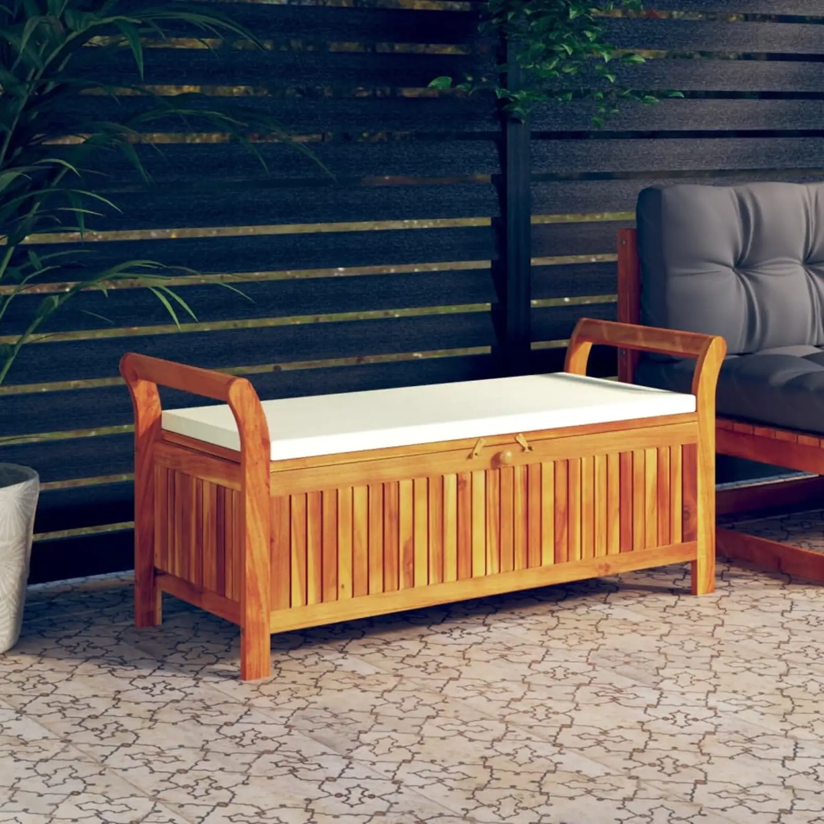 Uteam Acacia Solid Wood Patio Storage Bench Cushioned 49.6 Inch