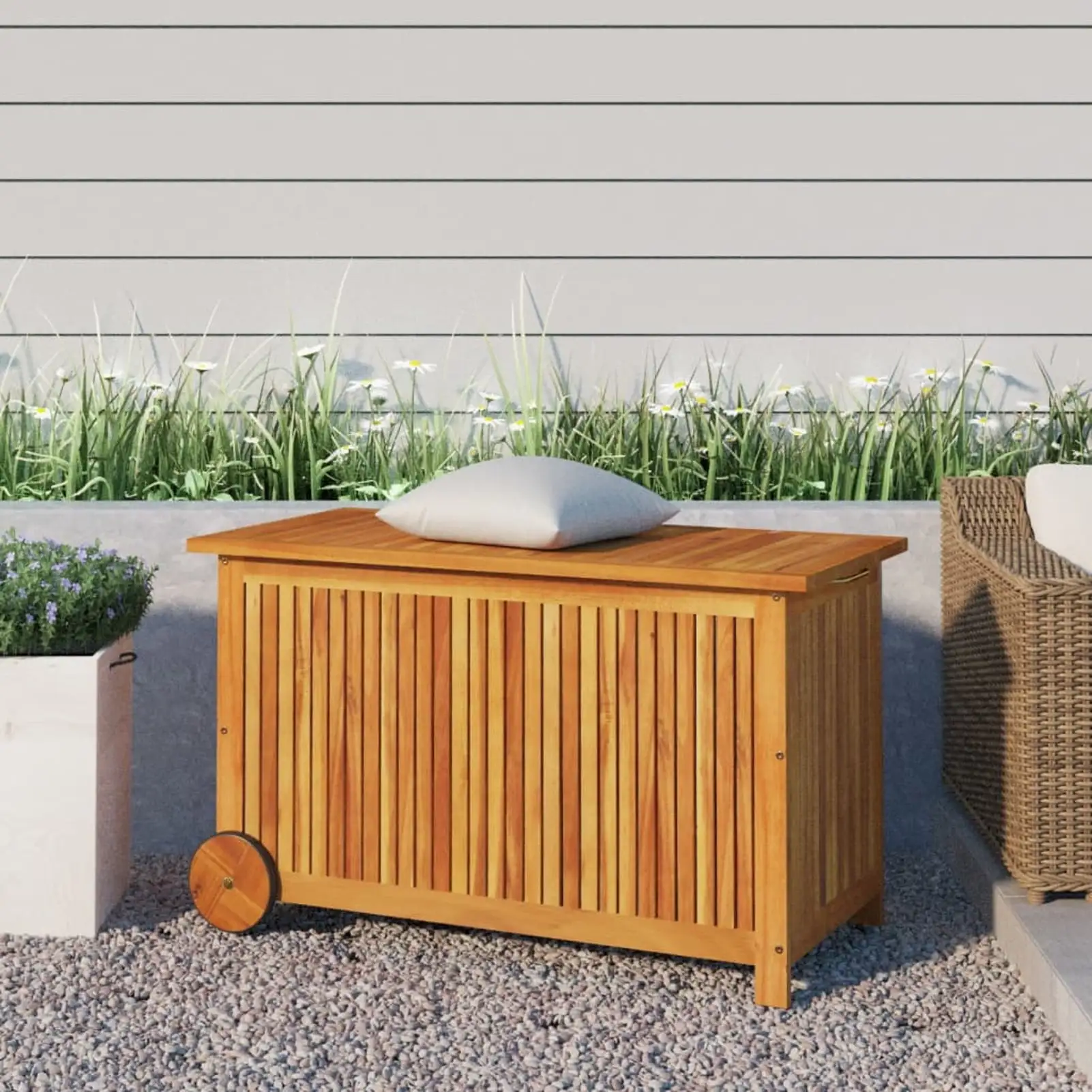 Uteam Wheeled Patio Storage Box Solid Acacia Wood 35.4x19.7x22.8 inches