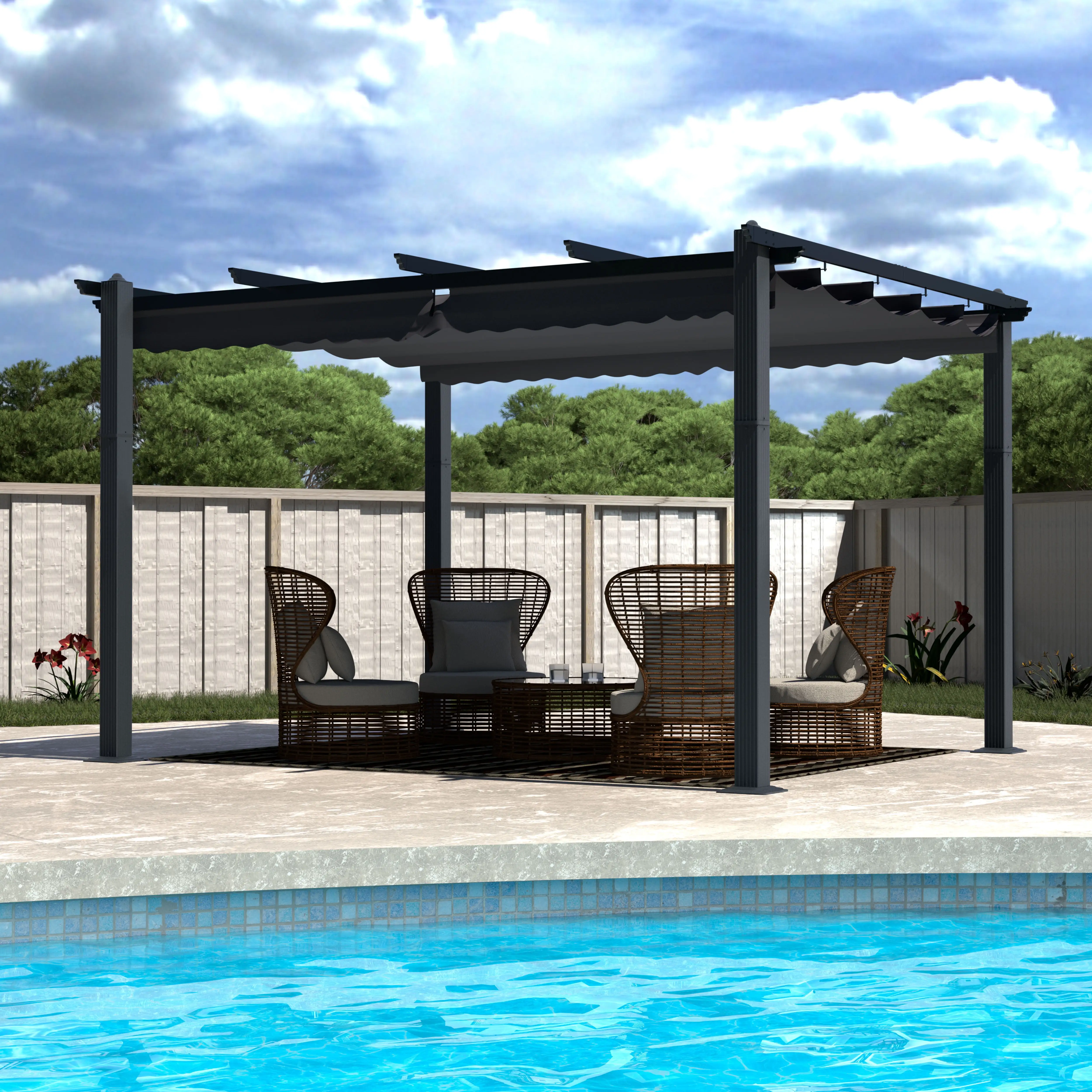 VEIKOUS 10' x 10' Outdoor Metal Pergola. Aluminum Gazebo w/Retractable Canopy for Patio. Gray