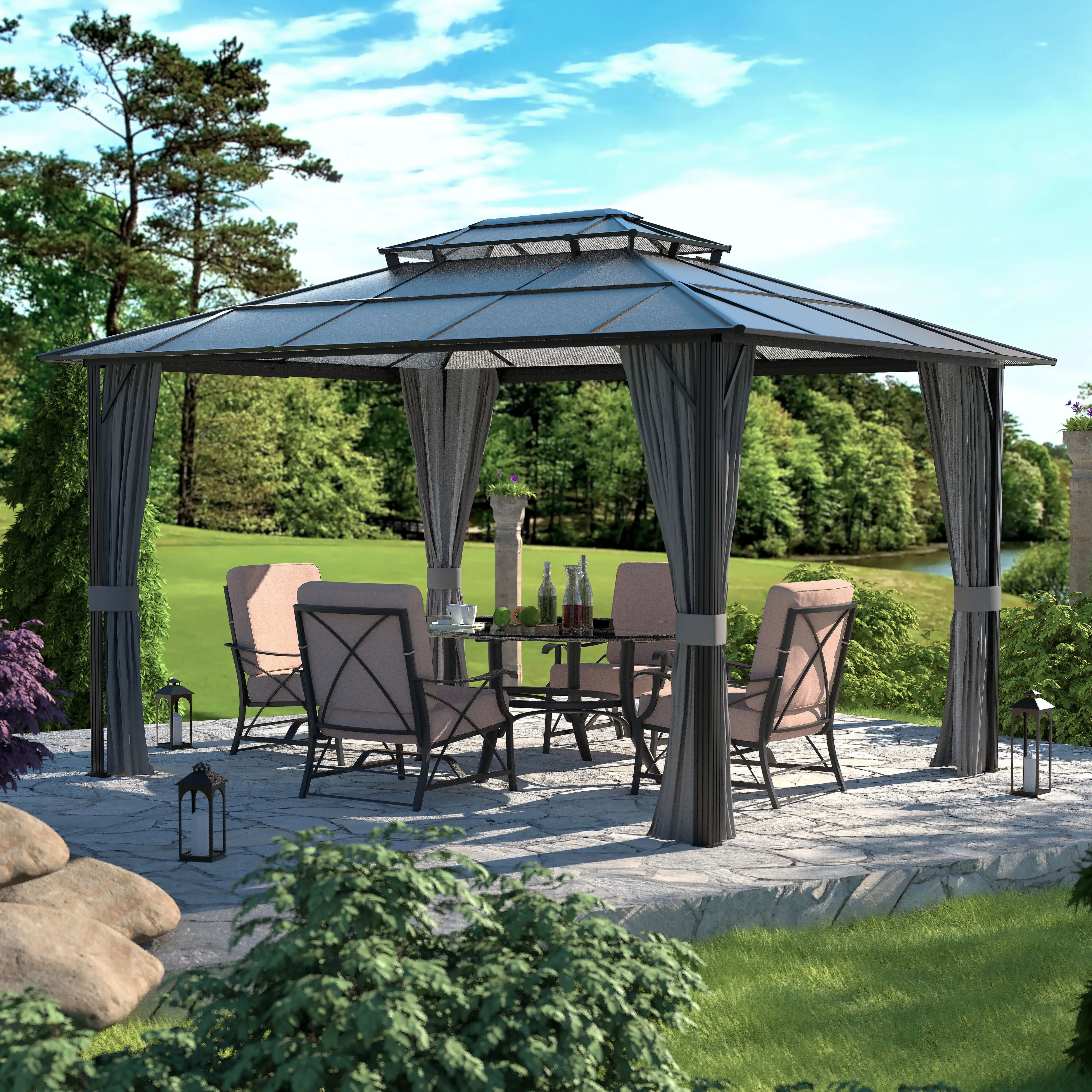 VEIKOUS 10ft x 13ft Outdoor Double Roof Gazebo w/ Netting & Curtains - Aluminum Frame Permanent Pergola for Garden Patio Lawns Parties