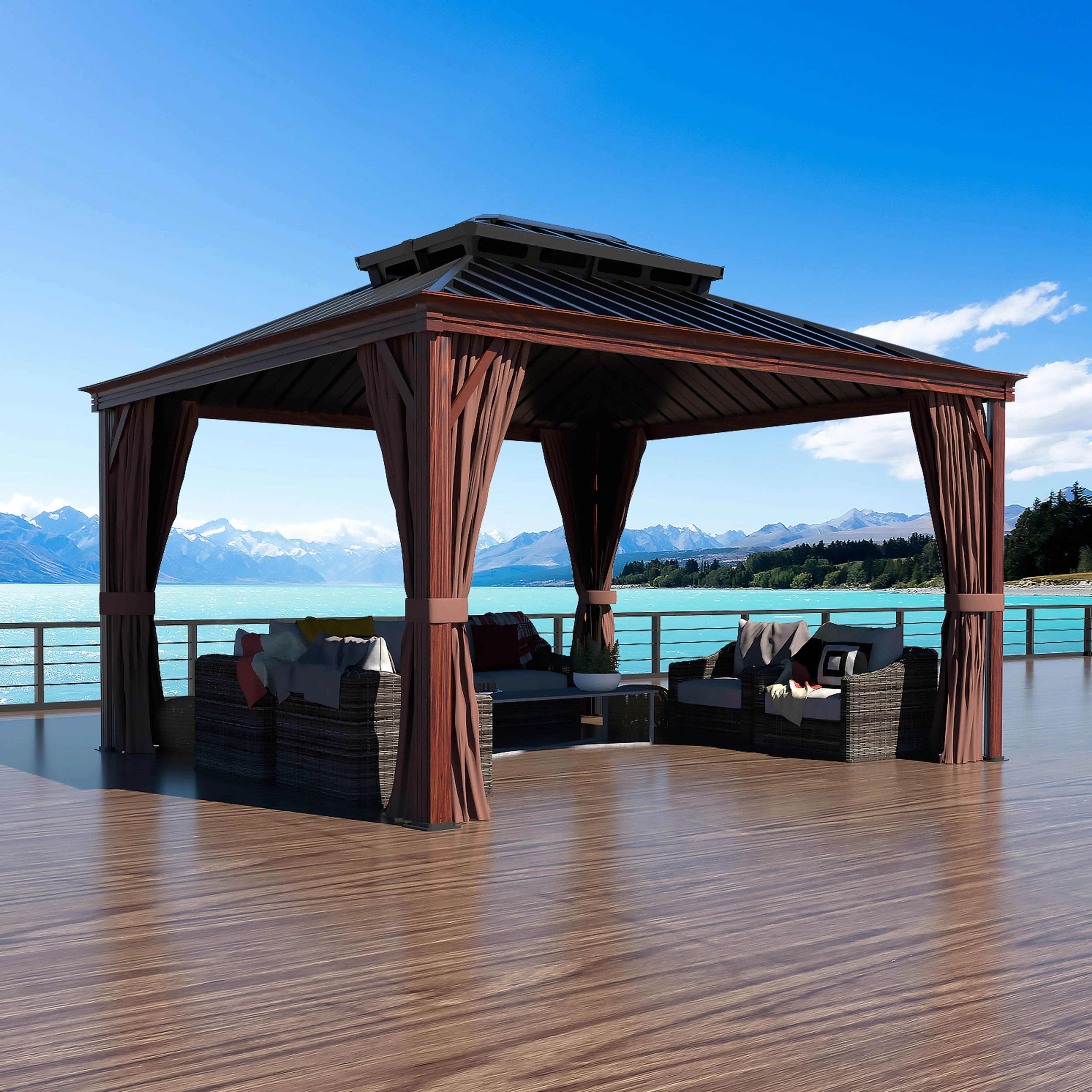 VEIKOUS 12'x10' Outdoor Hardtop Gazebo. Aluminum Wood Grain Gazebo w/Double Roof & Curtains for Garden. Backyard