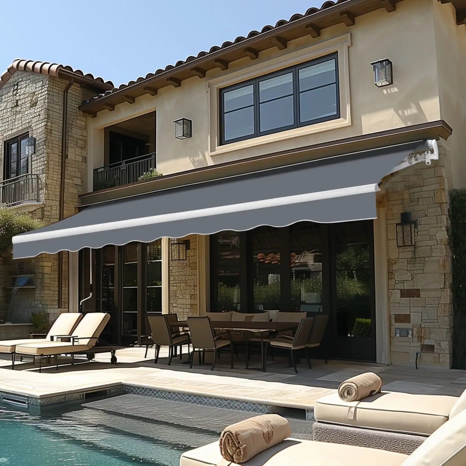 VEIKOUS 12'x10' Outdoor Retractable Patio Awning Sun Shade Cover for Patio. Balcony and Yard Grey