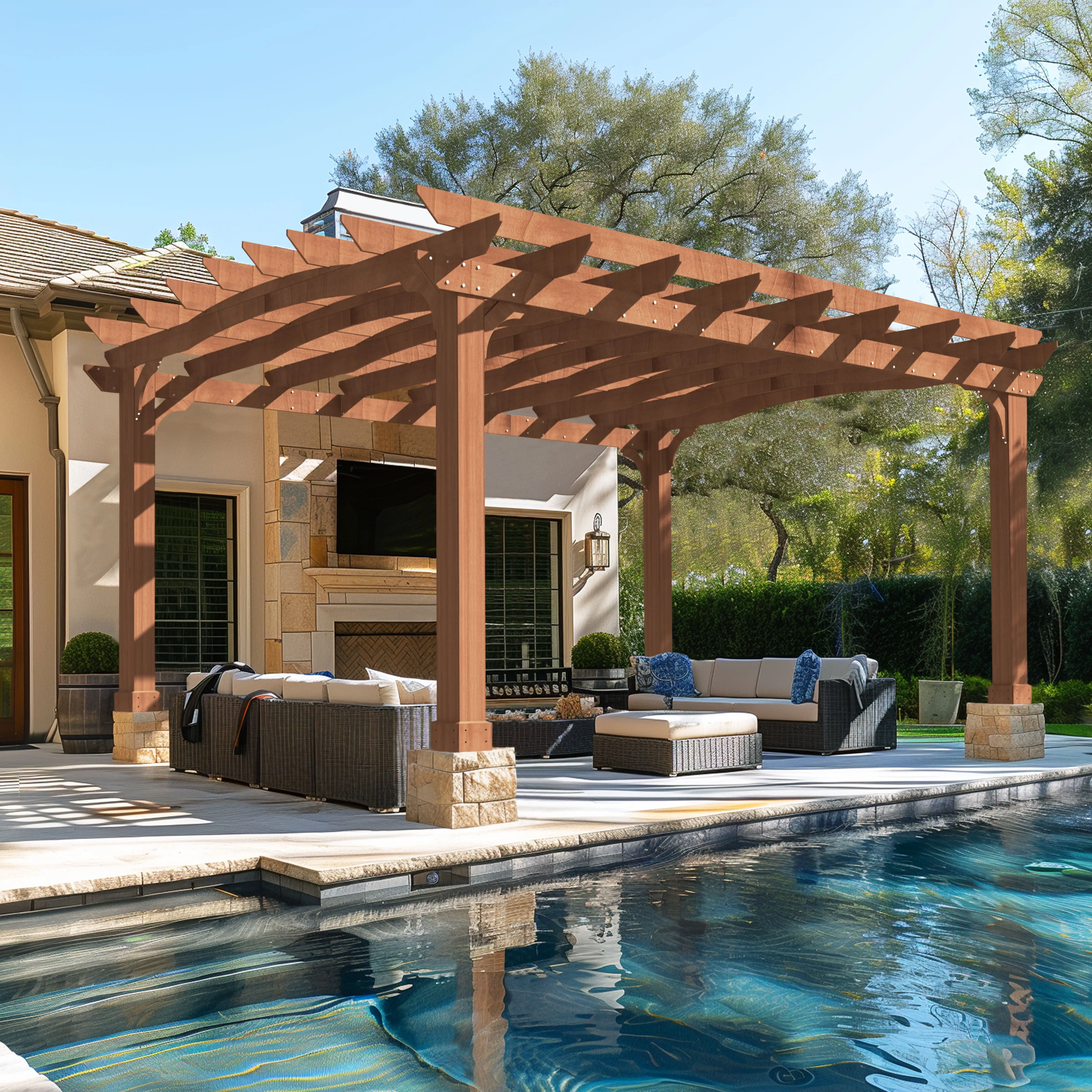 VEIKOUS 12' x14' Cedar Wood Pergola w/ Arched Roof and Ground Stakes for Outdoor Patio. Garden. Deck