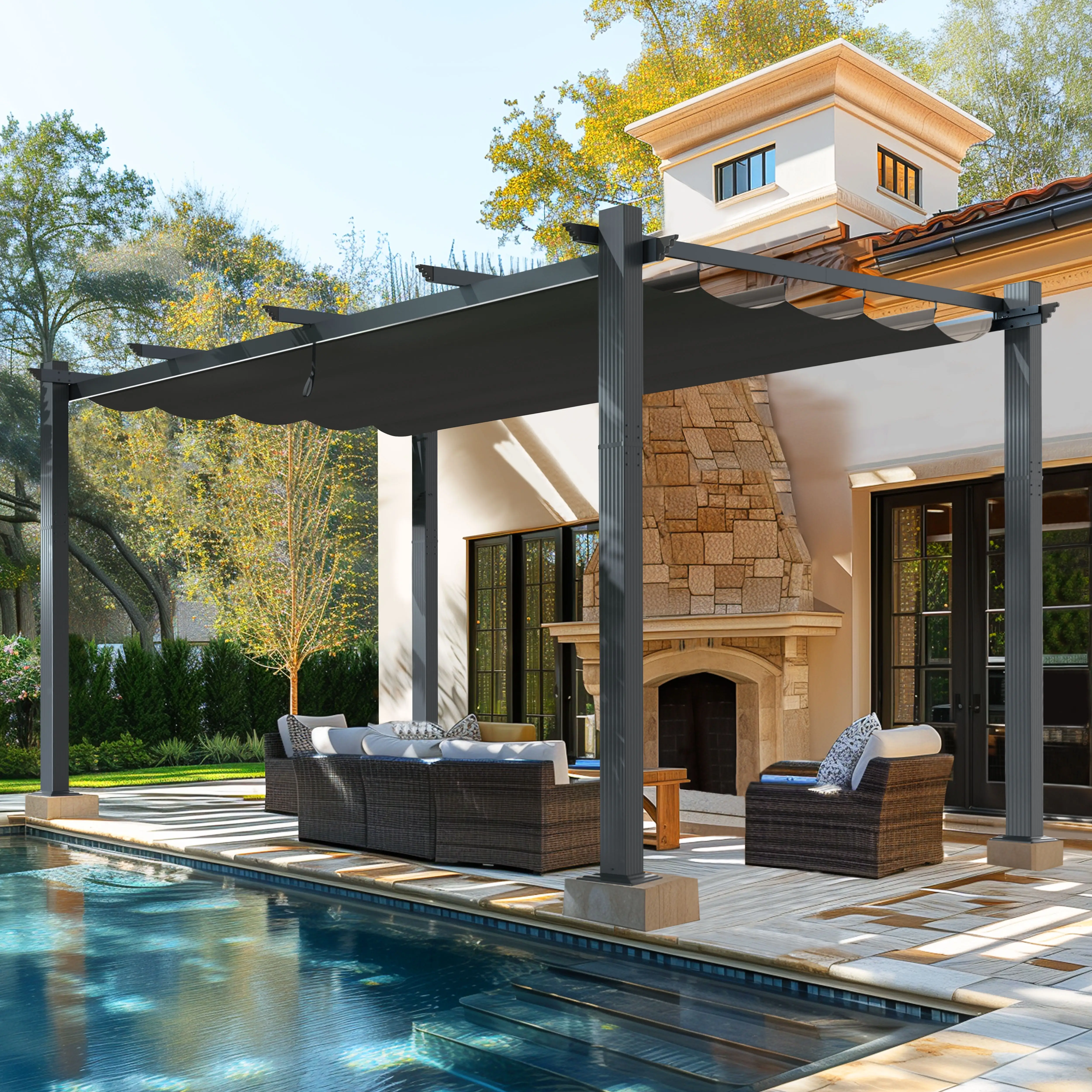 VEIKOUS 12ft x 16ft Outdoor Pergola. Aluminum Pergola w/ Retractable Canopy for Patio. Gray