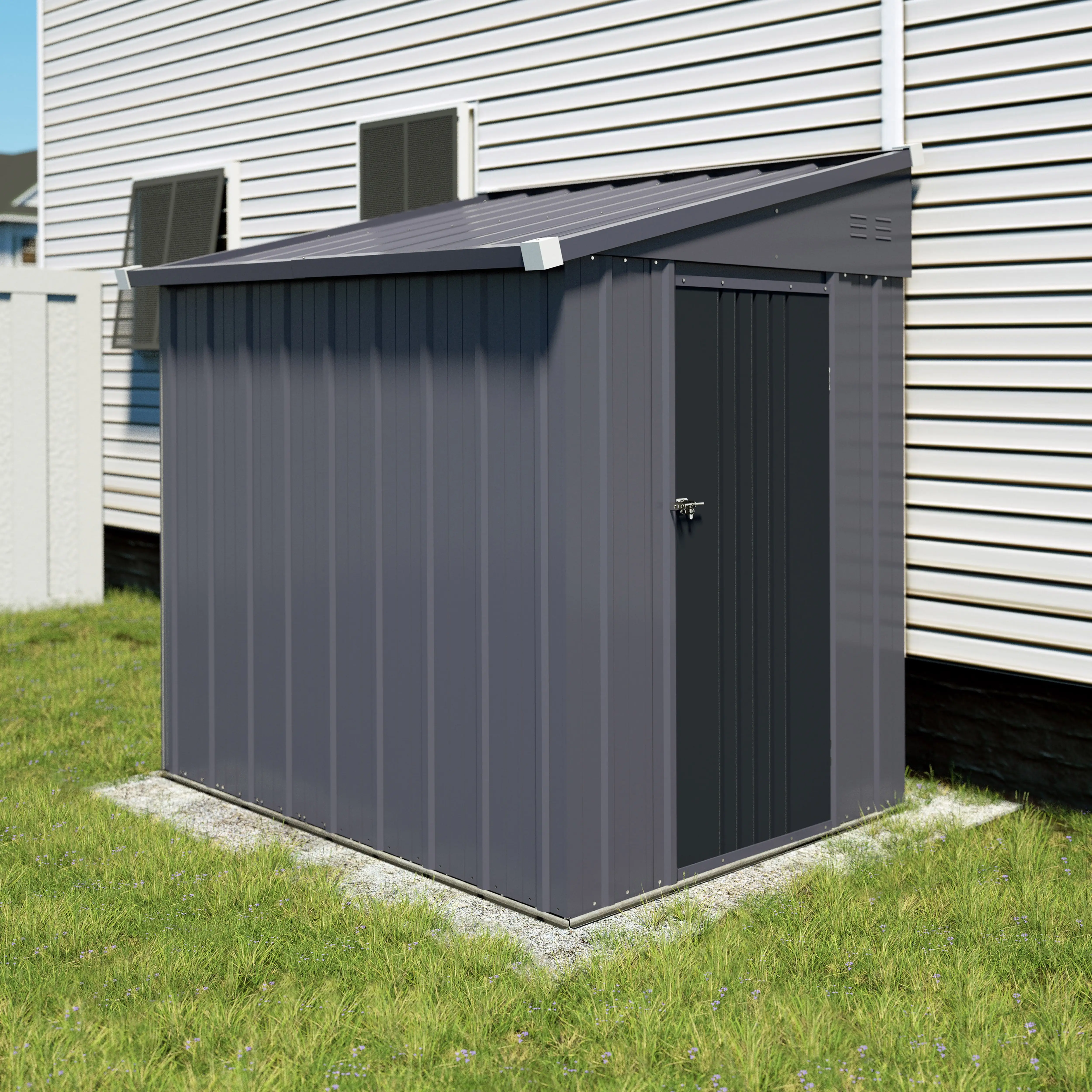 VEIKOUS 8' x4' Lean-to Shed. Outdoor Galvanized Storage Shed w/Lockable Door & Vents for Backyard Garden Lawn. Grey