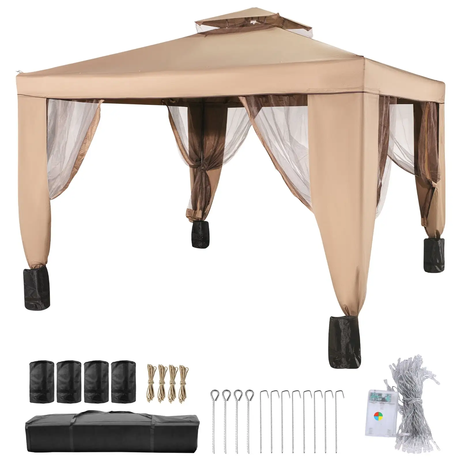 VEVOR 10x10ft Outdoor Intubated Canopy Gazebo Starter Kit. Equipped with Four Sandbags. Ground Spikes. Netting. Ropes. Carrying bag - Portable Brown Tent for Backyard. Patio and Lawn. Basic Version