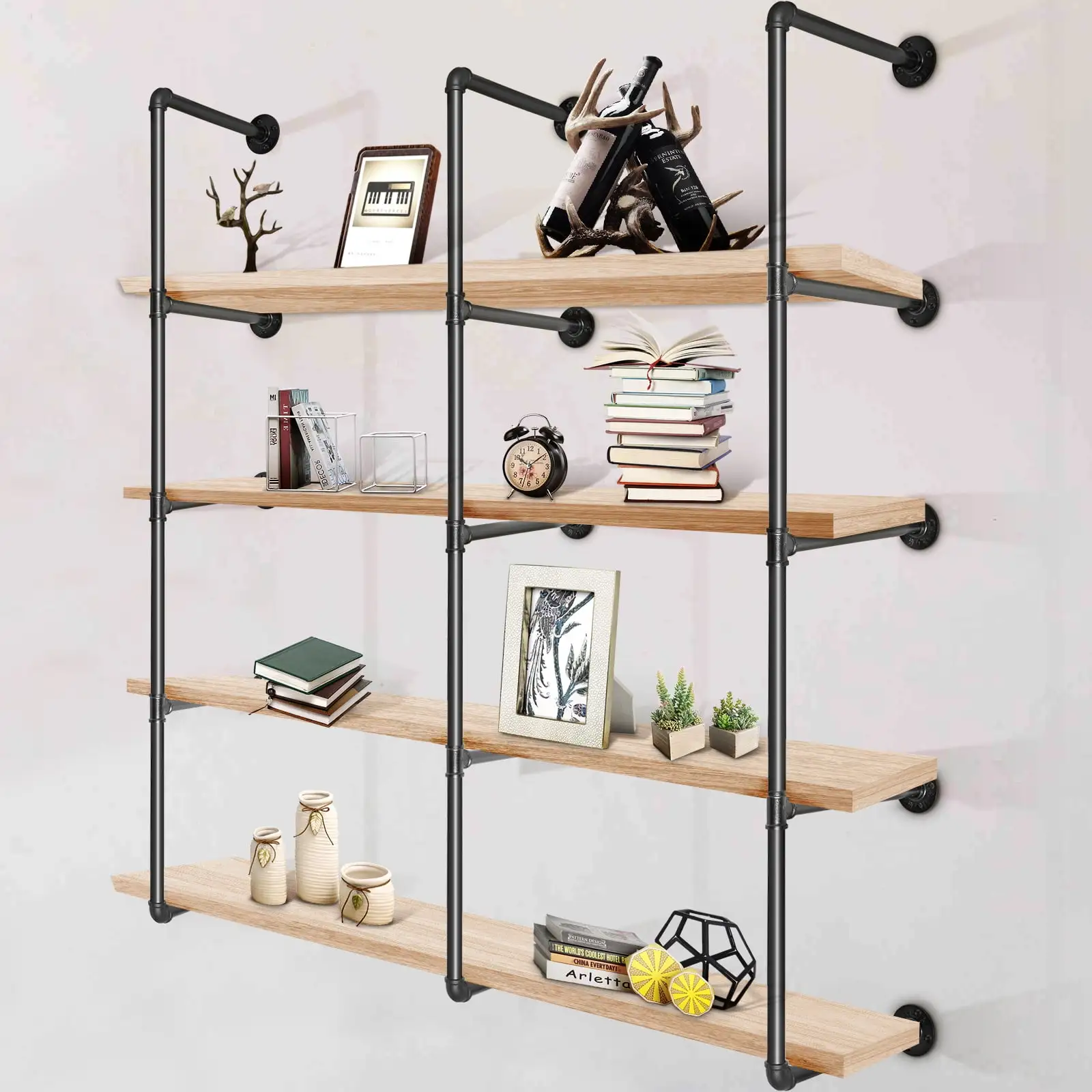 VEVOR Industrial Pipe Shelves 4-Tier Wall Mount Iron Pipe Shelves 3 PCS Pipe Shelving Vintage Black DIY Pipe Bookshelf Each Holds 44lbs Open Kitchen Shelving for Bedroom & Living Room W/Accessories