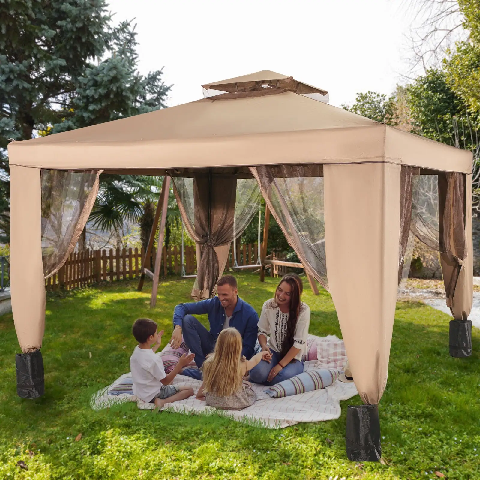 VEVORbrand 10x10ft Outdoor Canopy Gazebo with Four Sandbags - Gazebo with Netting. Waterproof and UV Protection - Patio Gazebo Brown for Backyard. Outdoor. Patio and Lawn