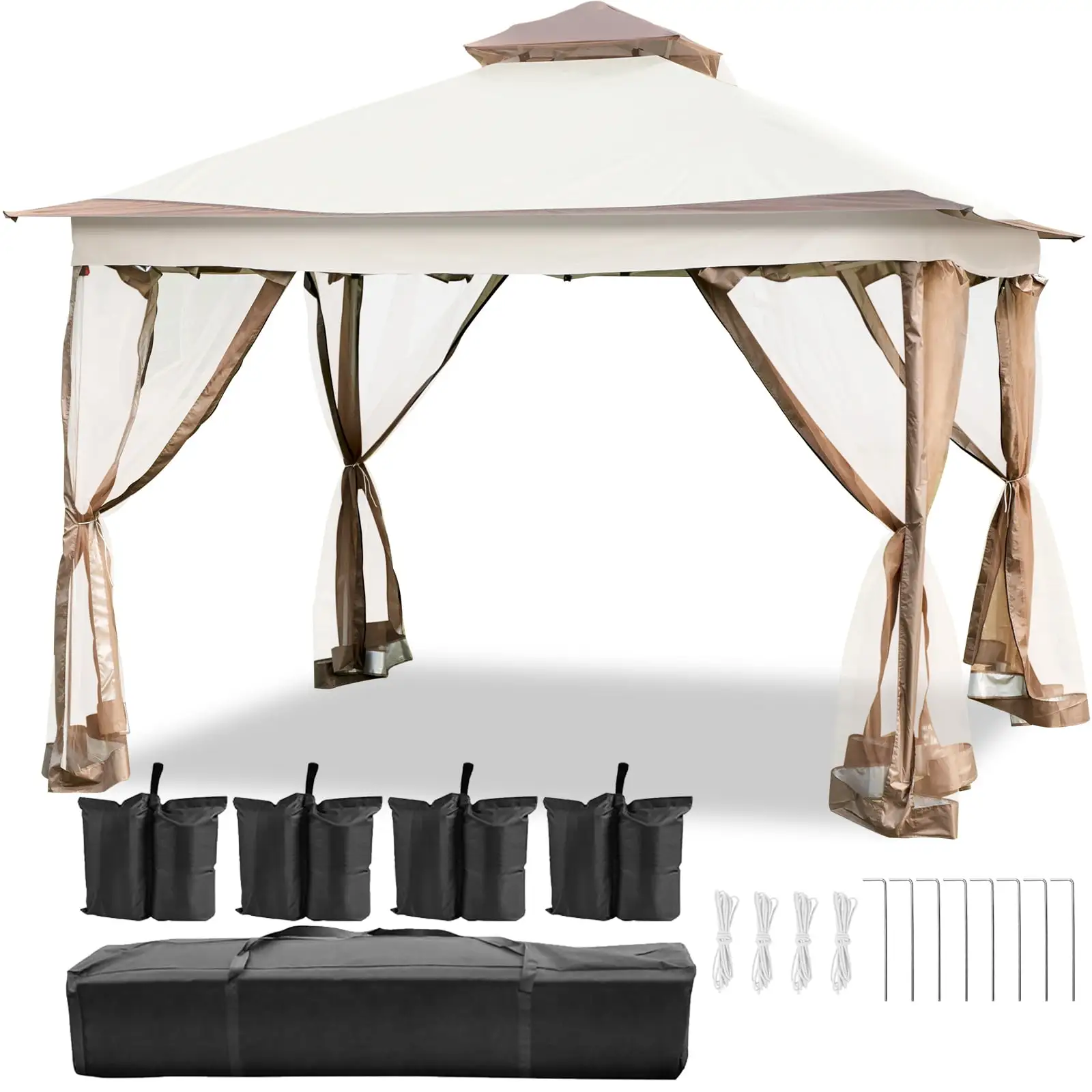 VEVORbrand 12' x 12' Pop-up Brown Rectangle Gazebo. Equipped with Four Sandbags. Ground Spikes. Netting. Ropes. Carrying Bag - Portable Brown Tent for Backyard. Patio and Lawn. Upgraded Version