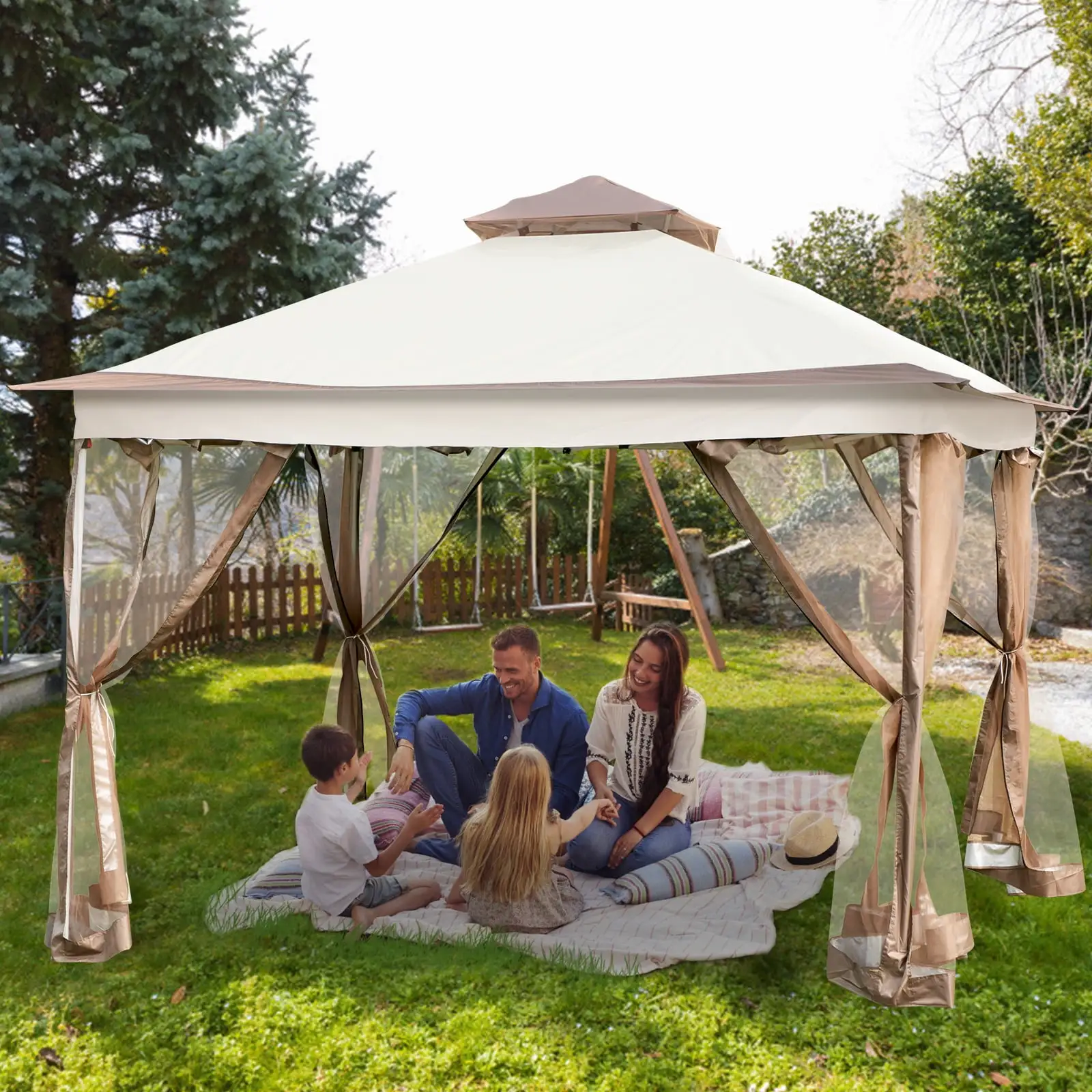 VEVORbrand 12x12ft Pop-up Brown Rectangle Gazebo. Equipped with Four Sandbags. Ground Spikes. Netting. Ropes. Carrying Bag - Portable Brown Tent for Backyard. Patio and Lawn