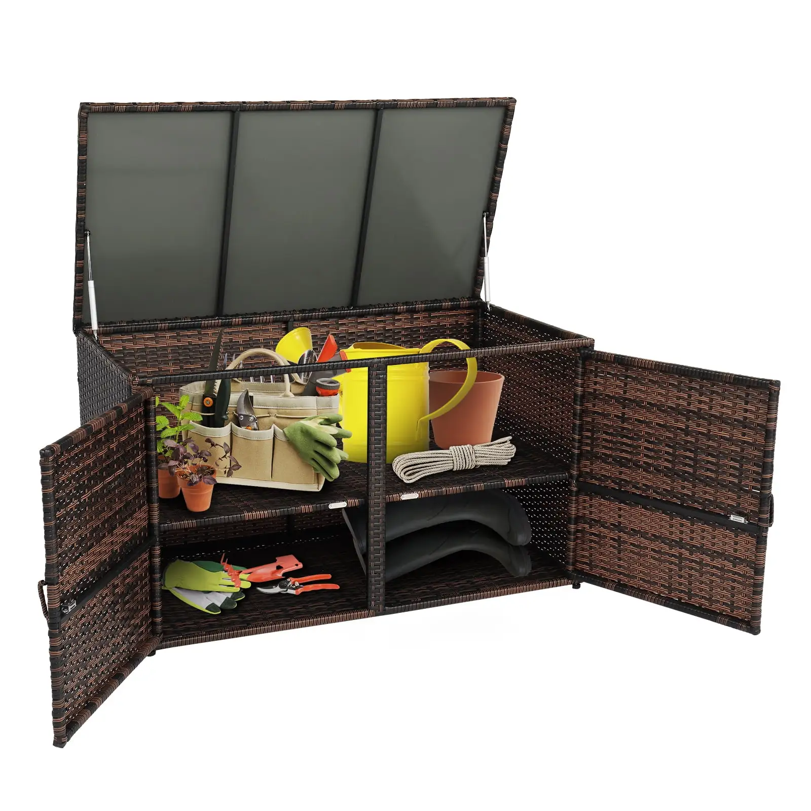 VINGLI Large 88 gallon Outdoor Storage Box. Wicker Rattan Deck Box with Openable Doors & 2 Shelves. Brown