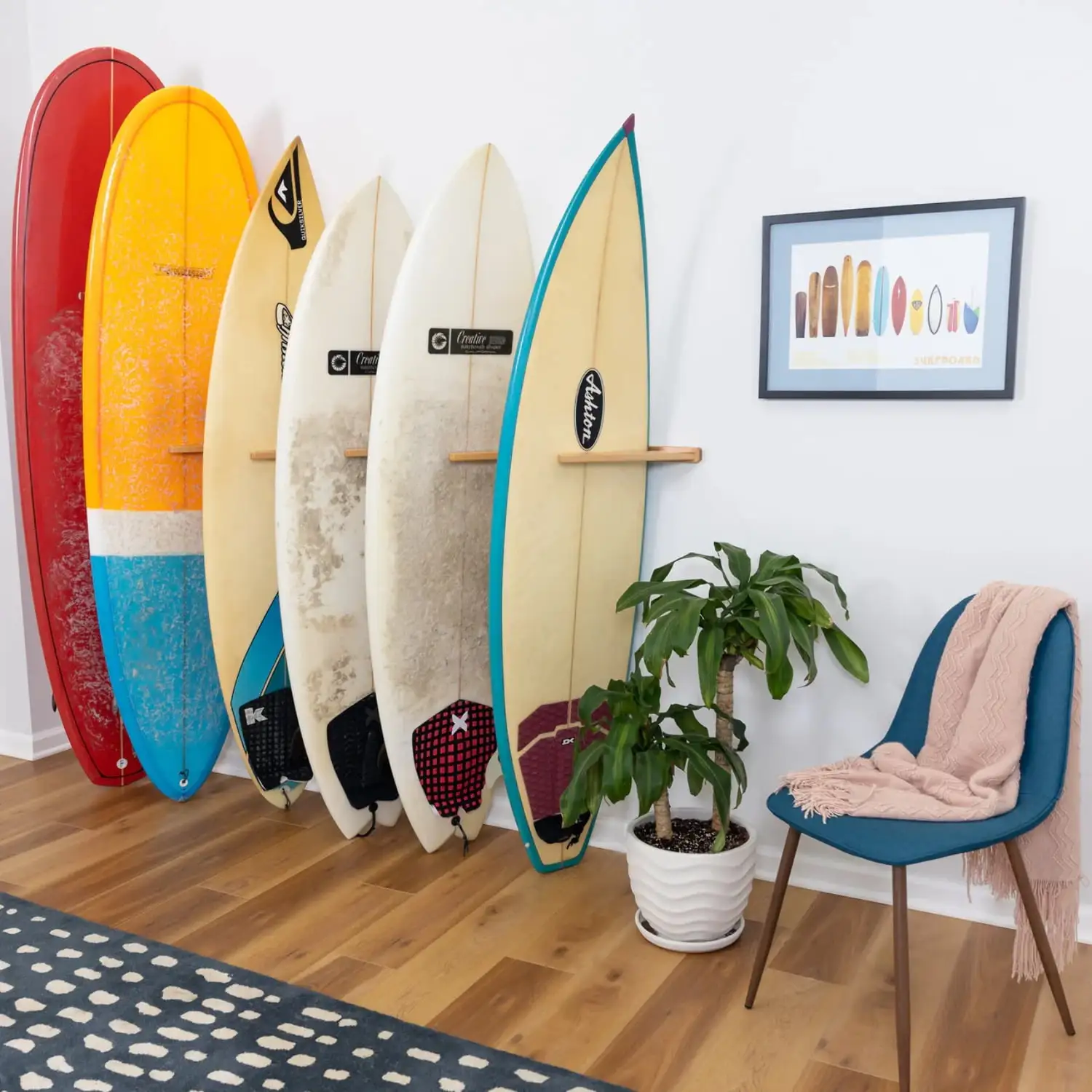 Vertical Timber Surfboard Wall Rack. Holds 6 Surfboards. 20 lbs each Level. Oak Wood