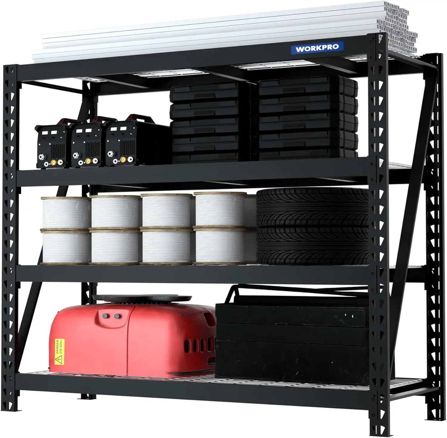 WORKPRO 68 Ultra Wide 4-Tier Metal Garage Shelving Unit. 68W x 24D x 65H. 7200 LBS Capacity. Heavy Duty Storage Utility Rack. Industrial Adjustable Shelves for Shop Warehouse Basement Fish Tank