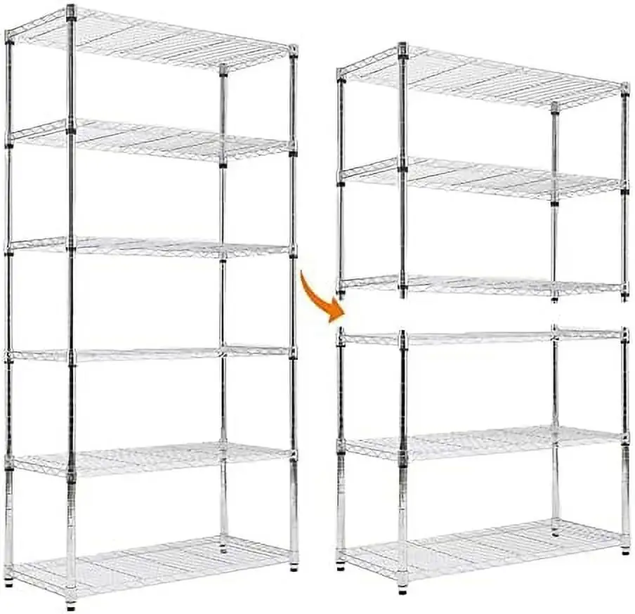 WTYNKAE Chrome 6- Shelving Unit Changeable into 2 of 3- Units Adjustable Heavy Duty Steel Wire Shelves 350 lbs Loading Capacity Per (71.5u201D H 36u201D W 16u201D D)