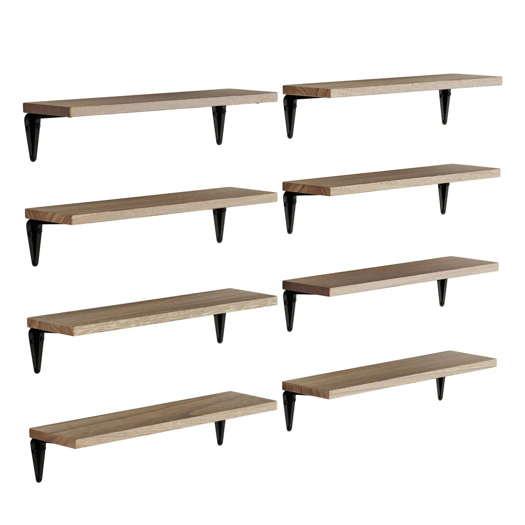 Wallniture Arras Wall Shelf for Bedroom Set of 8 Floating Shelves with Bracket Black Modern Farmhouse Decor Home Office Wall Bookcase. Natural Burned