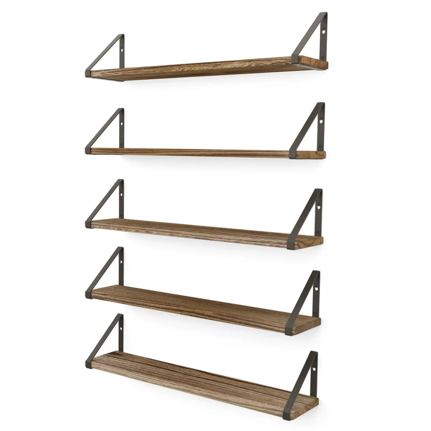 Wallniture Ponza 24 Wall Mounted Rustic Floating Shelf with Brackets for Kitchen Living Room Bedroom. Natural Burned. Set of 5