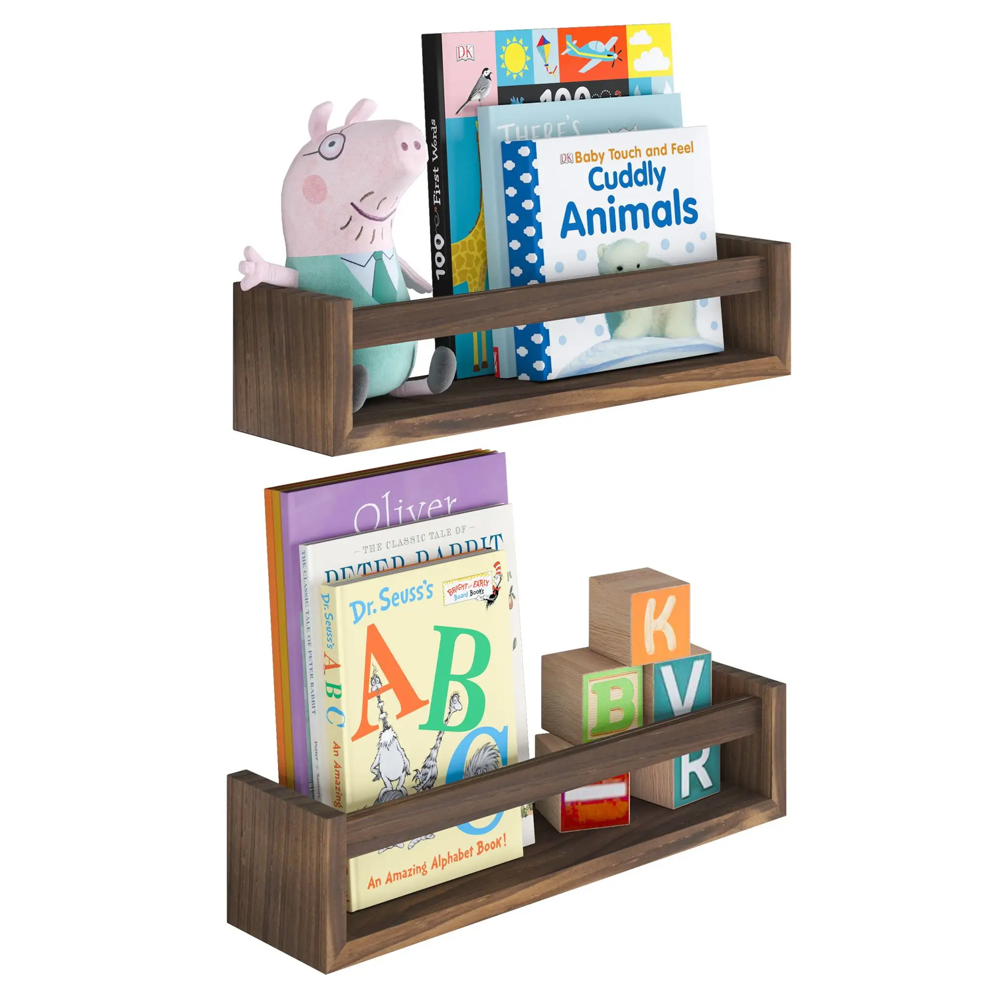 Wallniture Utah Nursery Organizer Shelf Kids Wall Bookcases Set of 2 Toy Storage Wood Shelves. Burnt Wash Brown