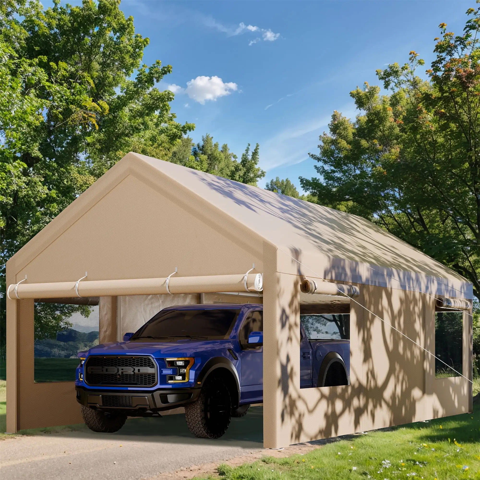 Walsunny Carport 12x20 ft Heavy Duty Car Canopy with Roll-up Windows Portable Garage with Removable Sidewalls & Doors