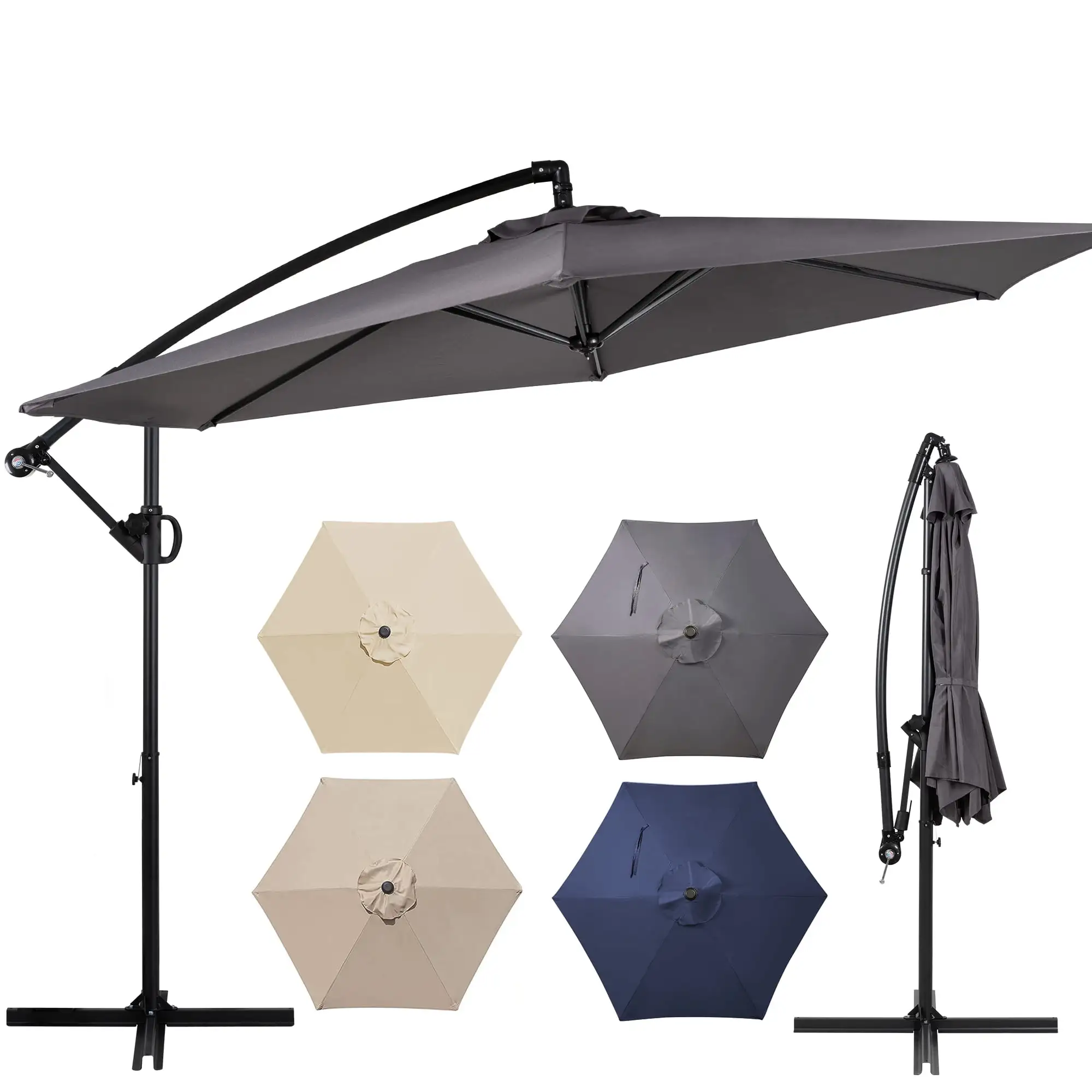 Walsunny Patio Offset Umbrella Easy Tilt Adjustment.Crank and Cross Base. Outdoor Cantilever Hanging Umbrella with 8 Ribs Dark Gray