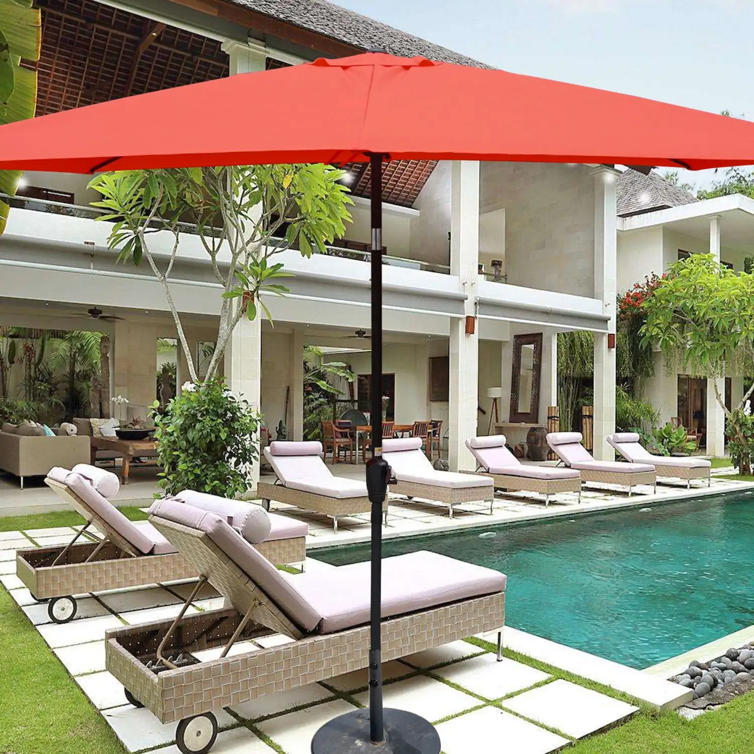 Waterproof and Durable 6 x 9ft Outdoor Patio Umbrella with Convenient Crank and Easy Push Button Tilt - Ideal for Garden Backyard Pool Swimming Pool and Market Use in All Seasons