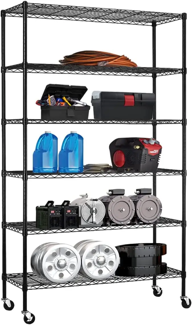 Wire Shelving With Wheels. 6 Tier Layer Metal Shelf 2101 Lb Capacity Height Adjustable Heavy Duty Shelving Unit 48L??18 W??78 Inch H Nsf Storage Rack On Casters For Kitchen Garage Warehouse. Black