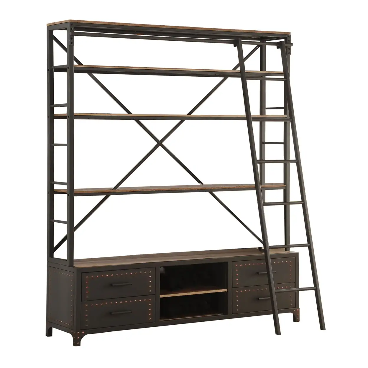 Wood and Metal Bookshelf with Built In Sliding Ladder Gray and Brown - Saltoro Sherpi