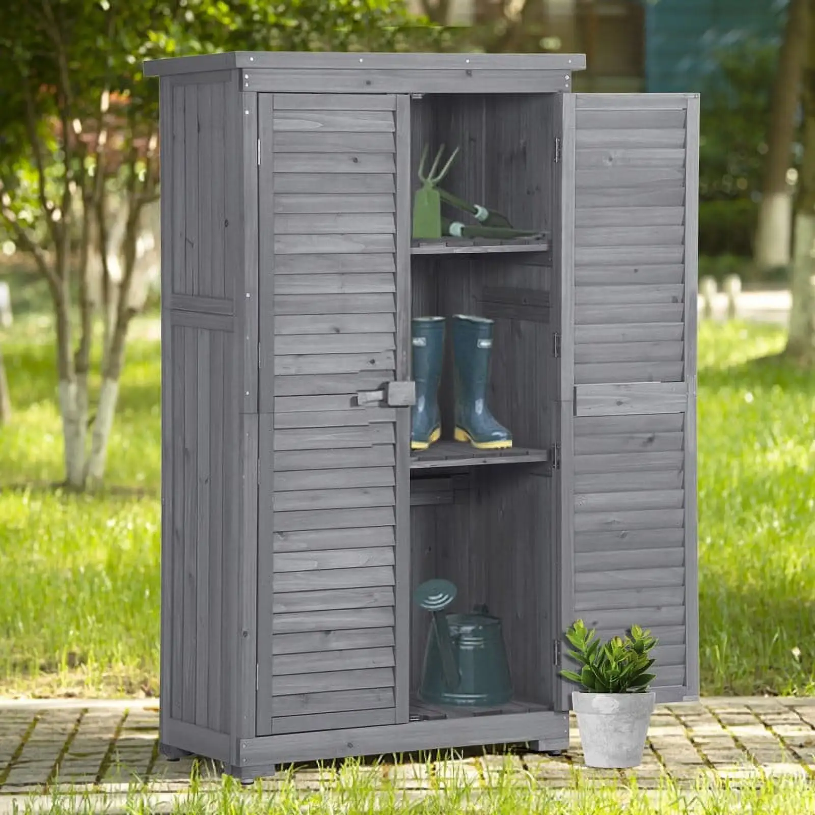 Wooden Garden Shed 3-tier Patio Storage Cabinet Outdoor Organizer Grey